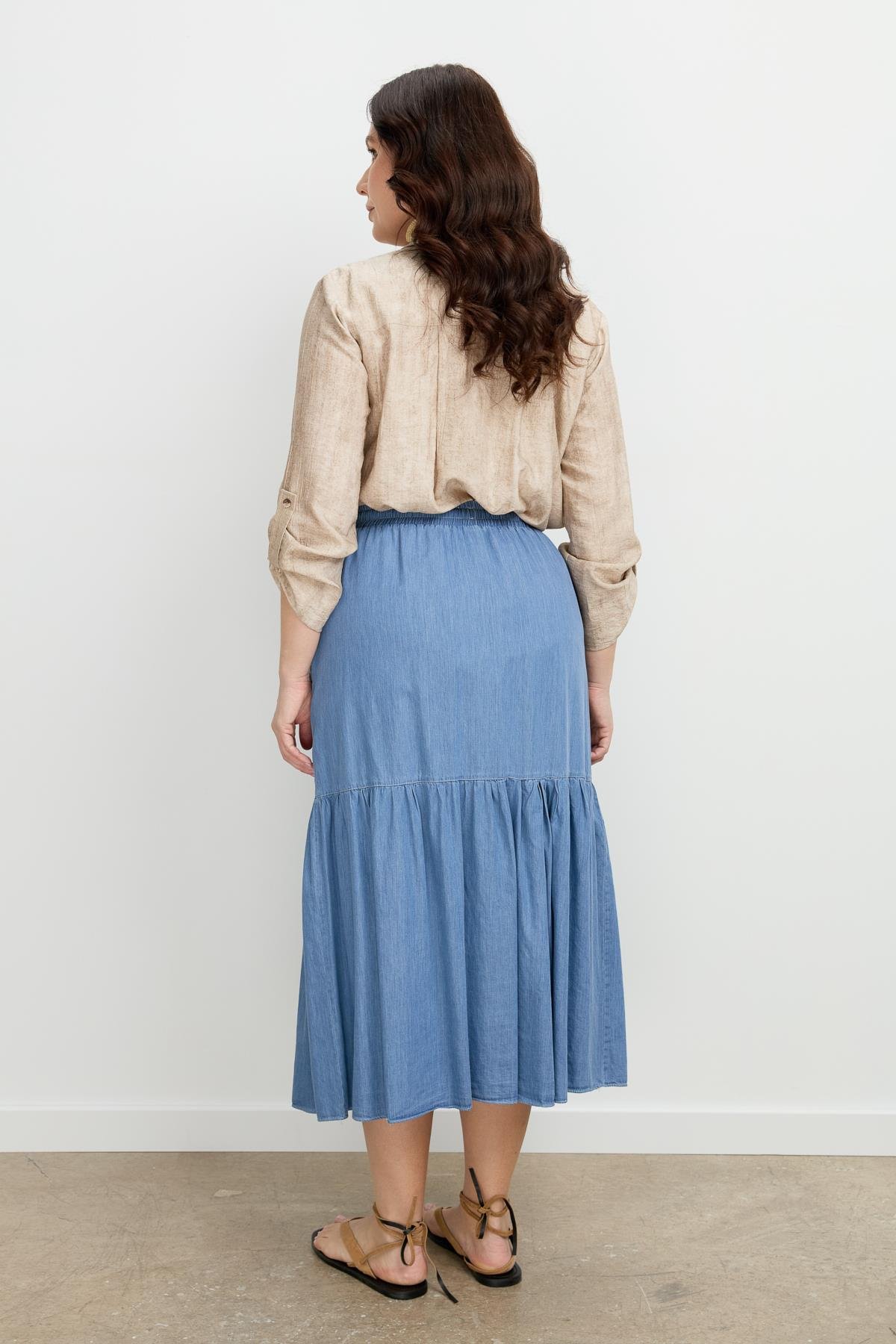 Büyük Beden Volanlı Uzun Etek-MAVİ