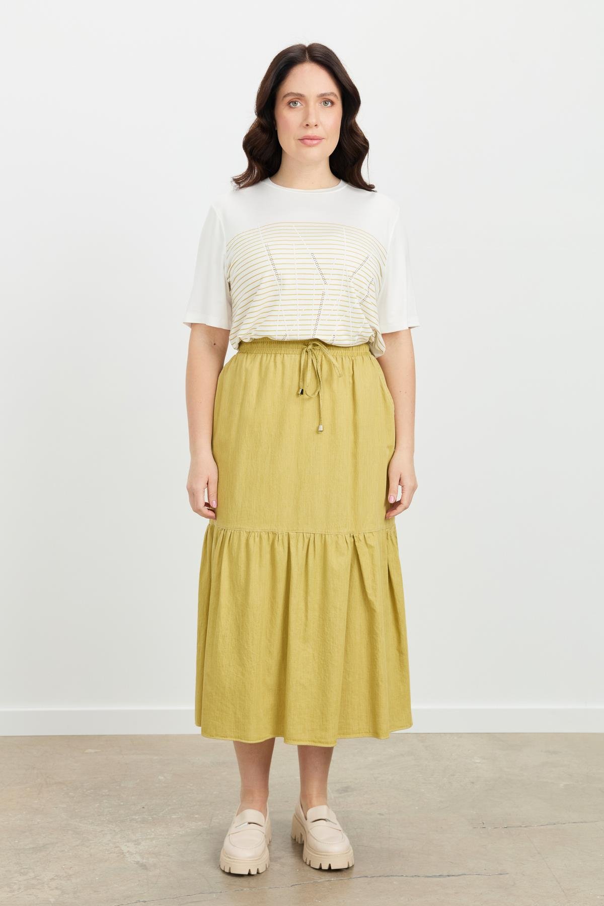 Büyük Beden Volanlı Uzun Etek-SARI