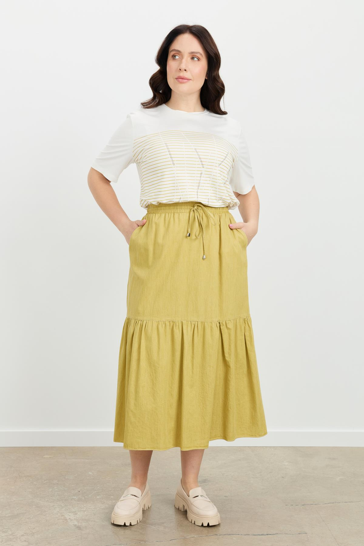 Büyük Beden Volanlı Uzun Etek-SARI