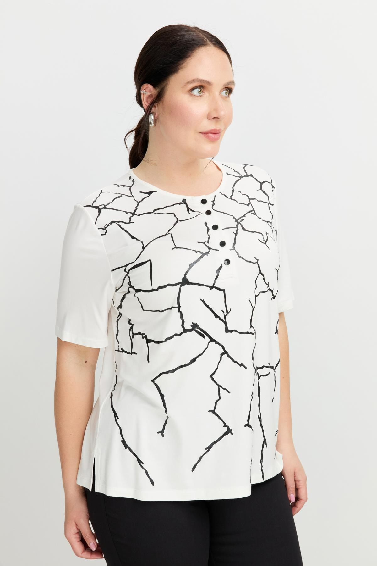 Büyük Beden Yakası Düğmeli Bluz-KEMIK