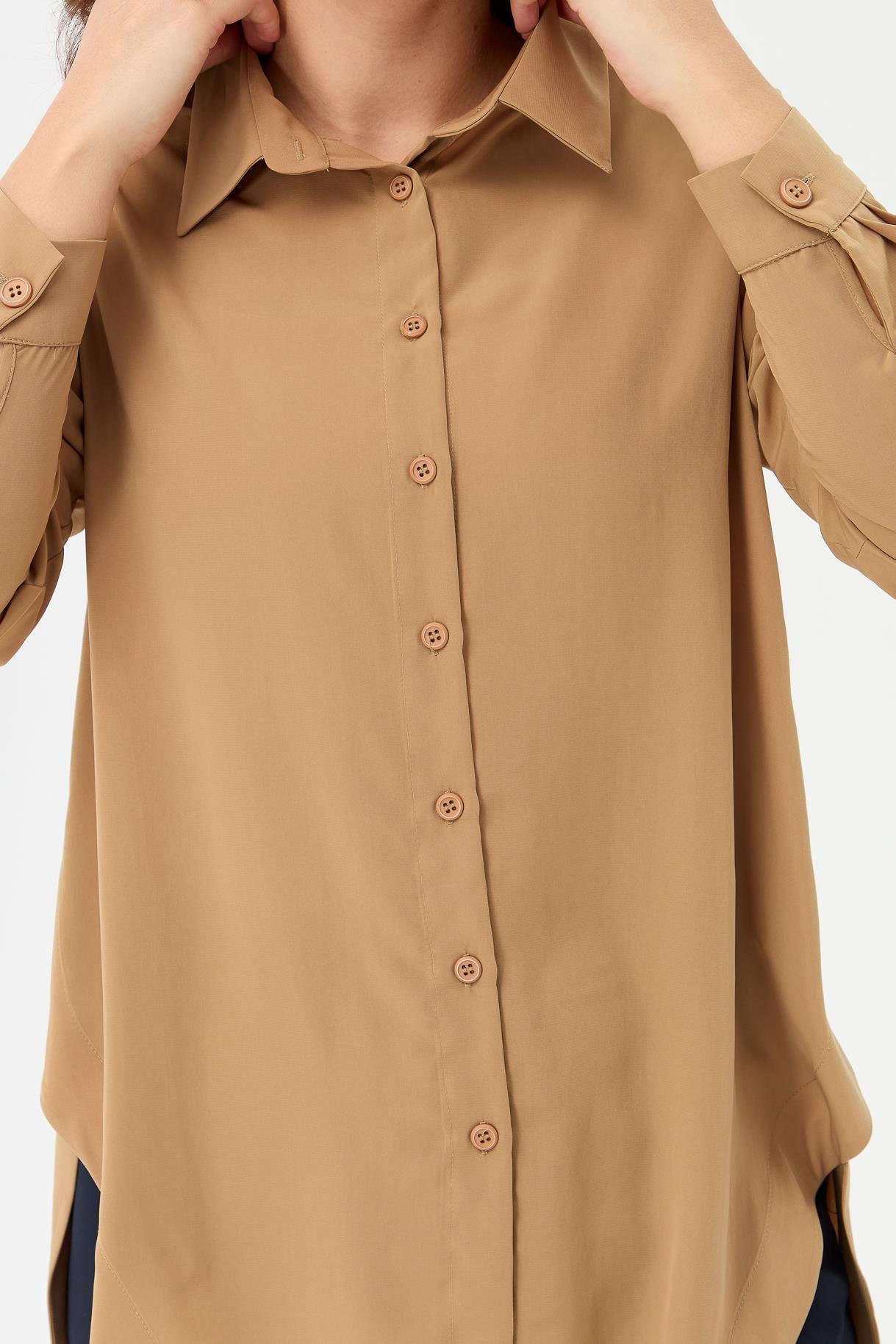 Büyük Beden Yanı Düğmeli Gömlek - CAMEL