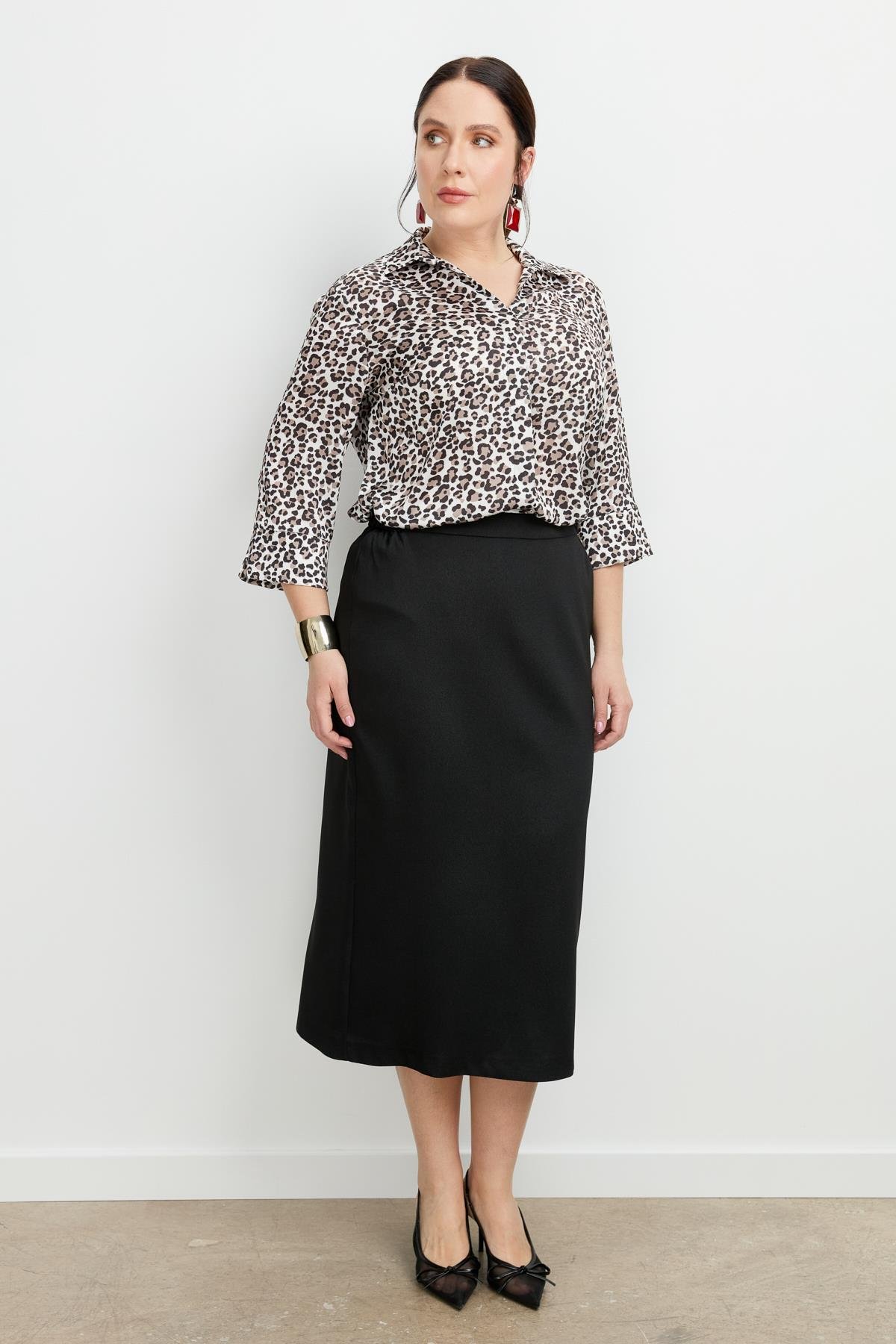 Büyük Beden Yanları Lastikli Etek-SİYAH