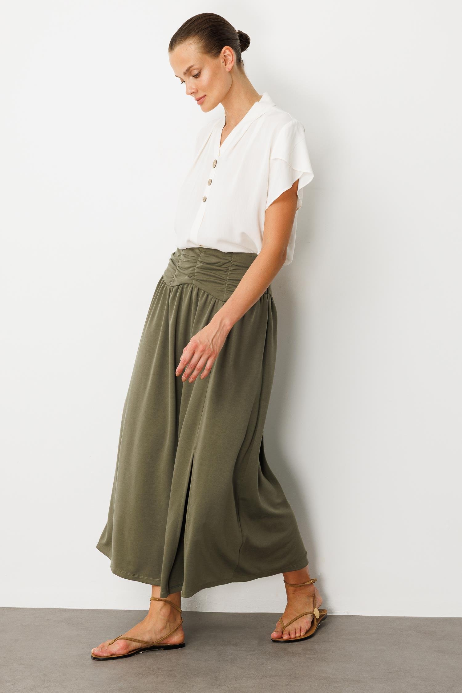 Büzgü Detay Yüksek Bel Uzun Etek-HAKİ