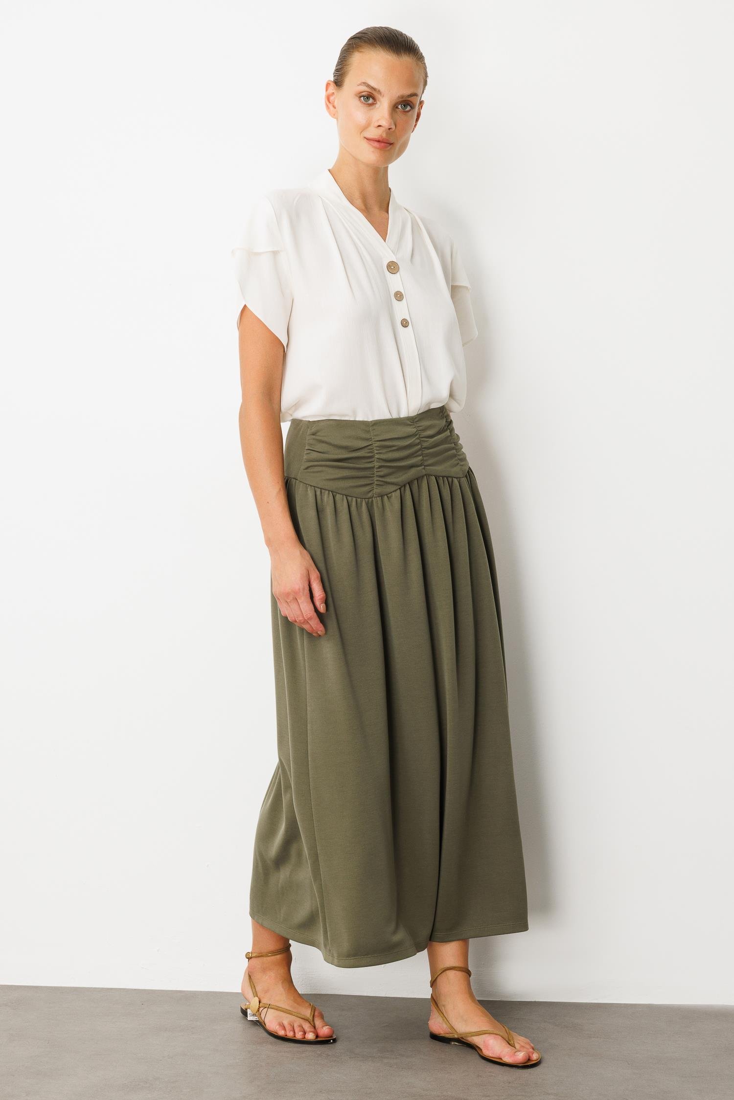 Büzgü Detay Yüksek Bel Uzun Etek-HAKİ