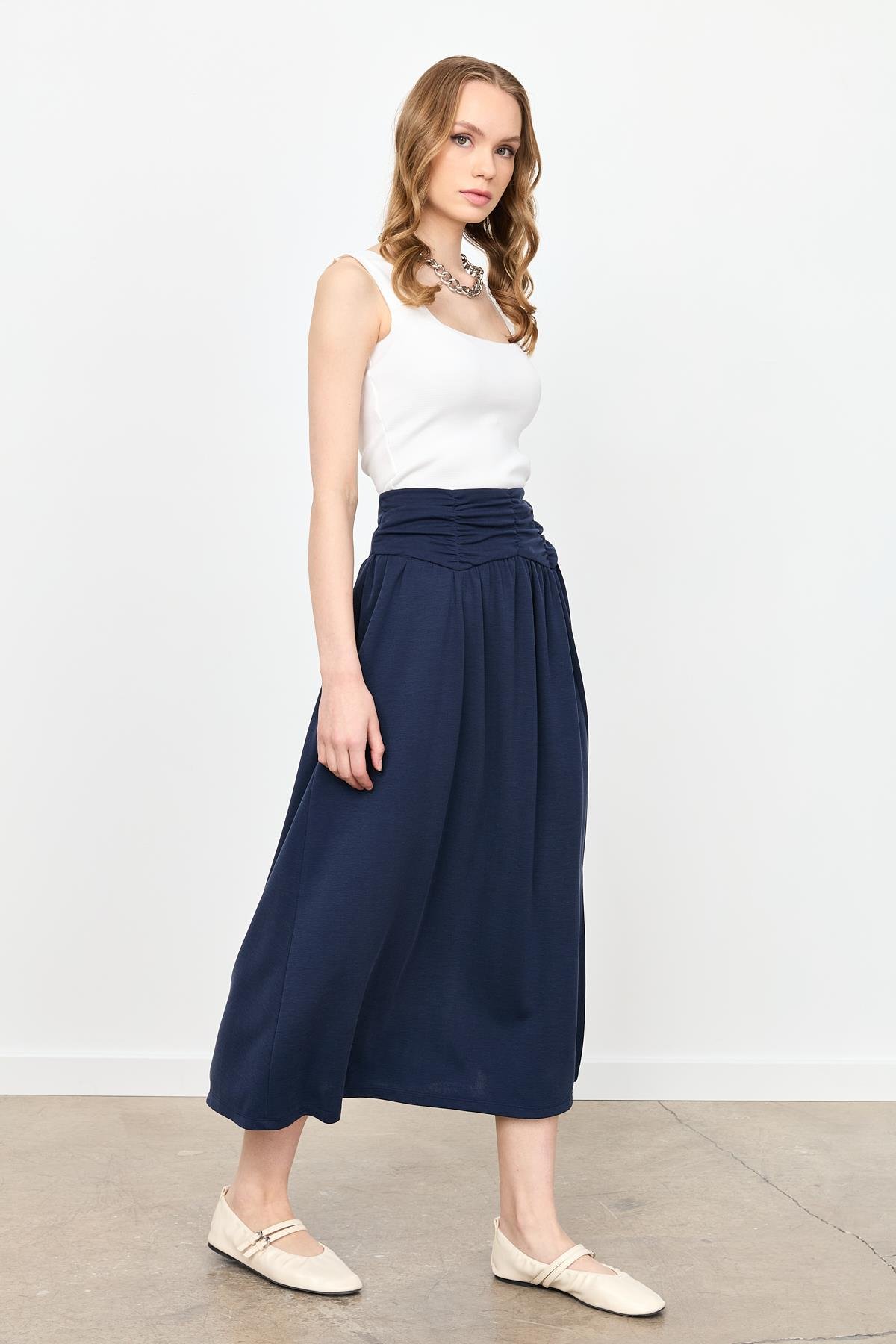 Büzgü Detay Yüksek Bel Uzun Etek-LACI