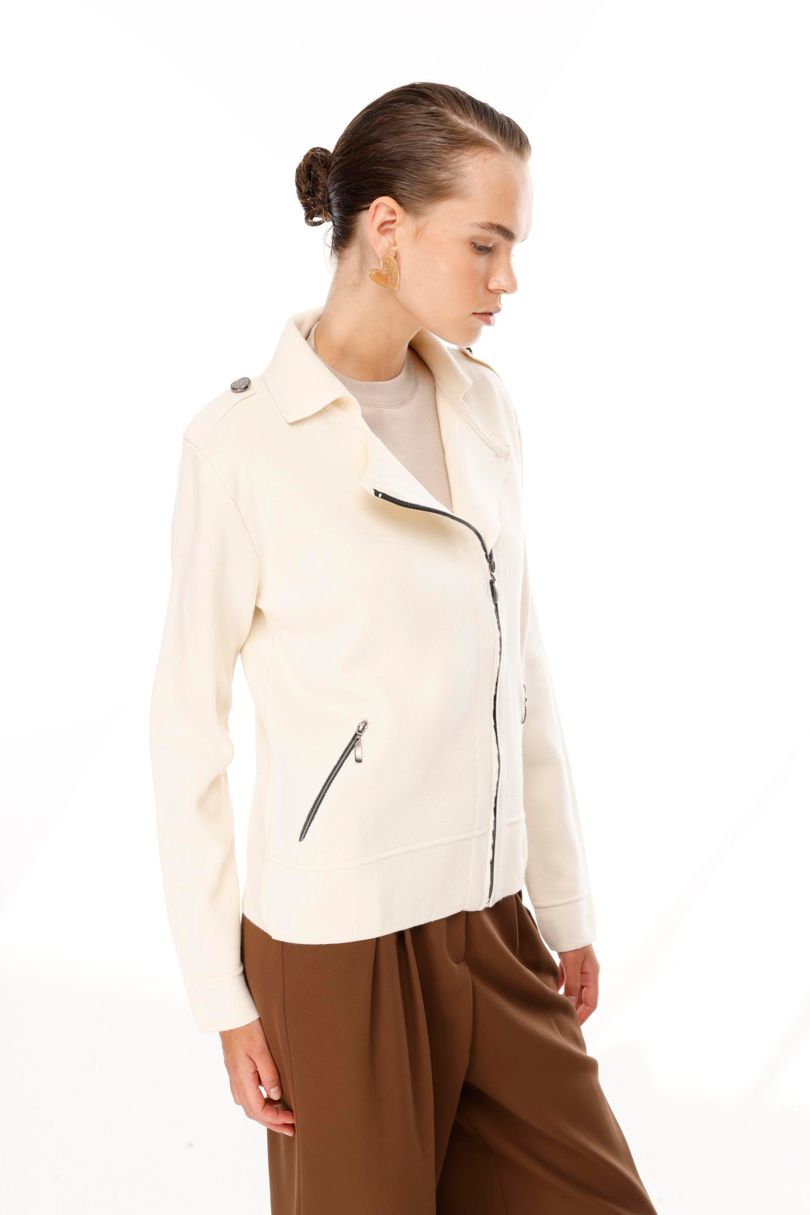 Ceket Yaka Cepli Triko Mont - KREM