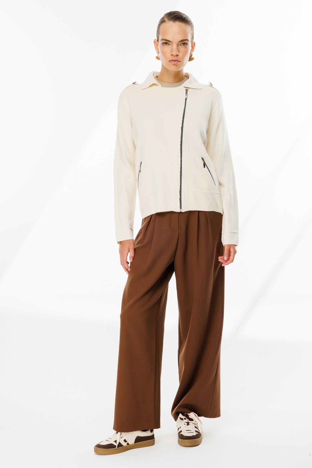 Ceket Yaka Cepli Triko Mont - KREM