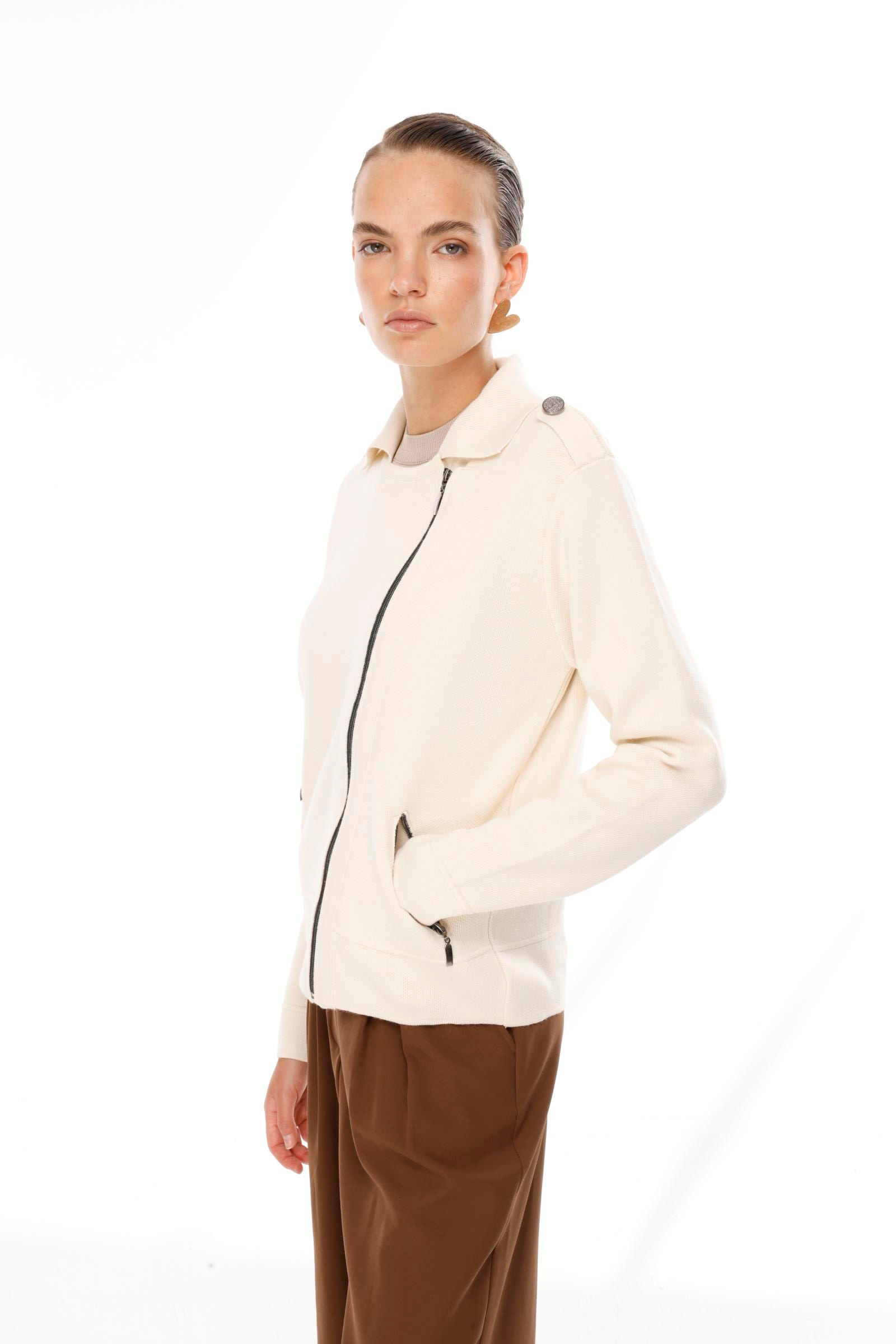 Ceket Yaka Cepli Triko Mont - KREM