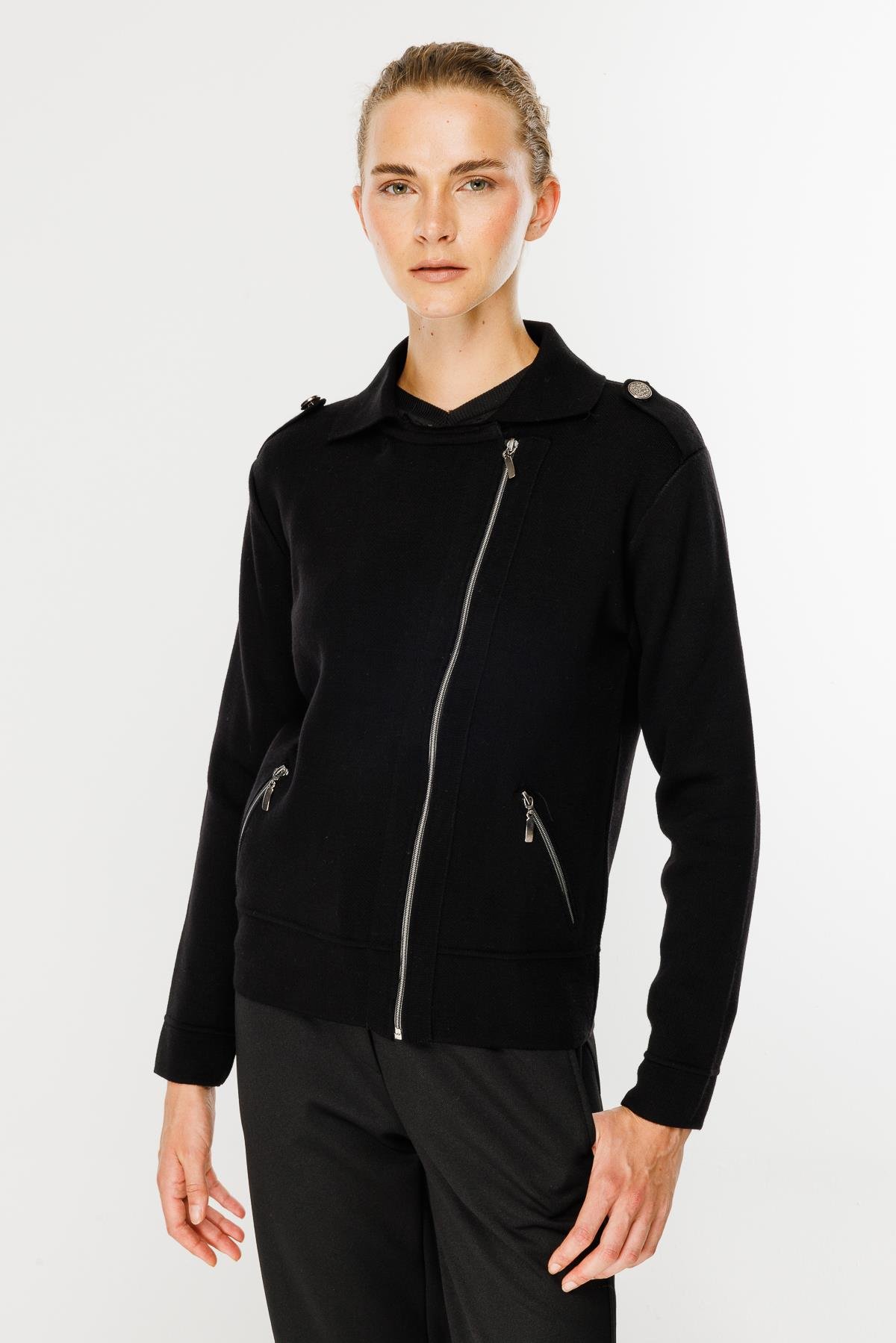 Ceket Yaka Cepli Triko Mont - SİYAH