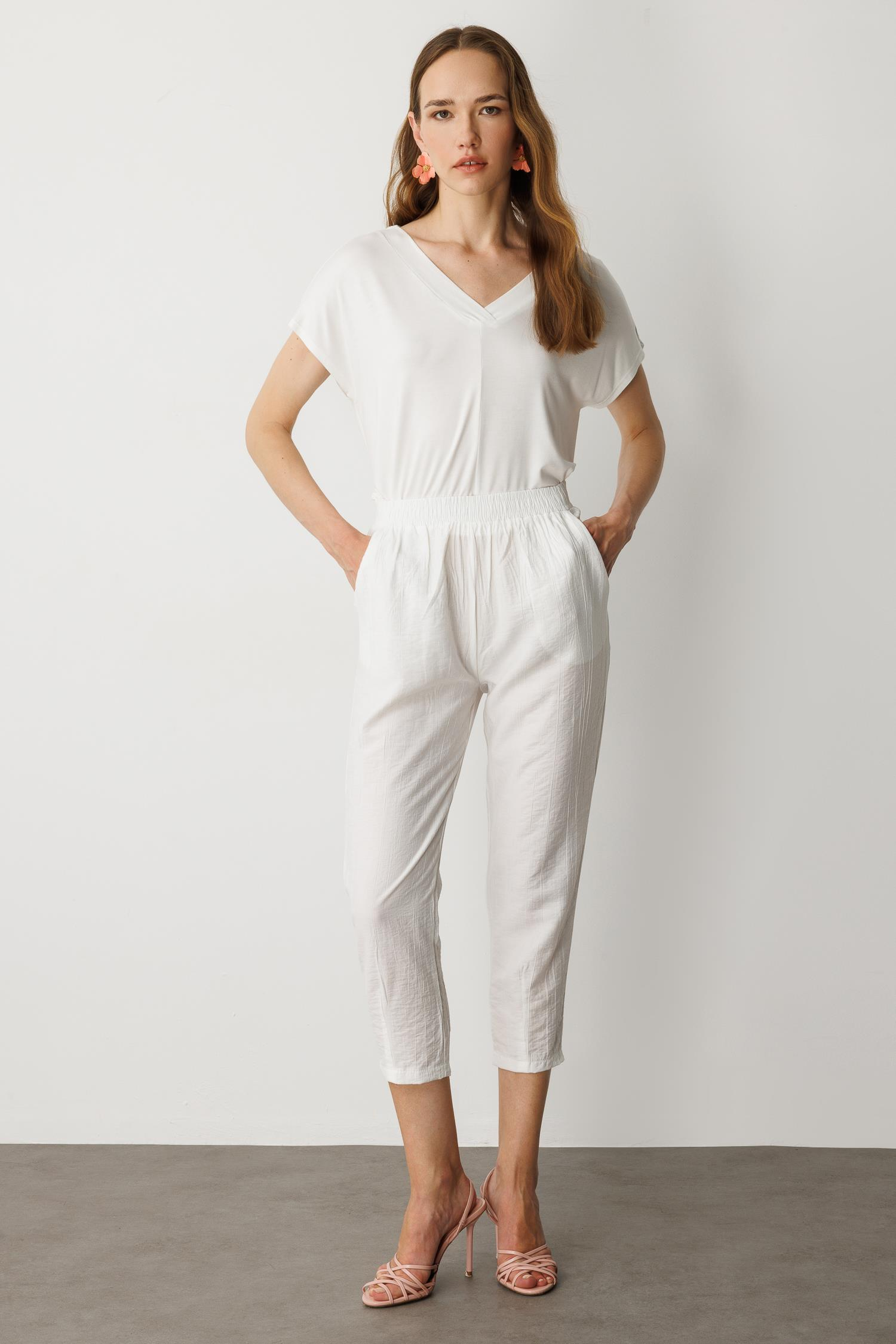 Cep Detay Beli Lastikli Pantolon-EKRU