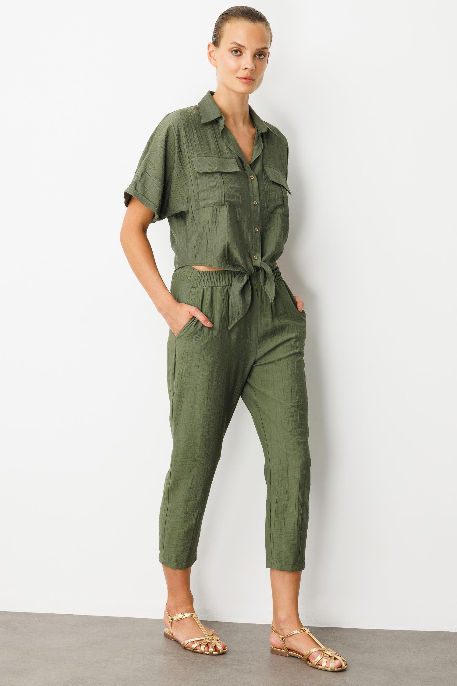 Cep Detay Beli Lastikli Pantolon-HAKİ