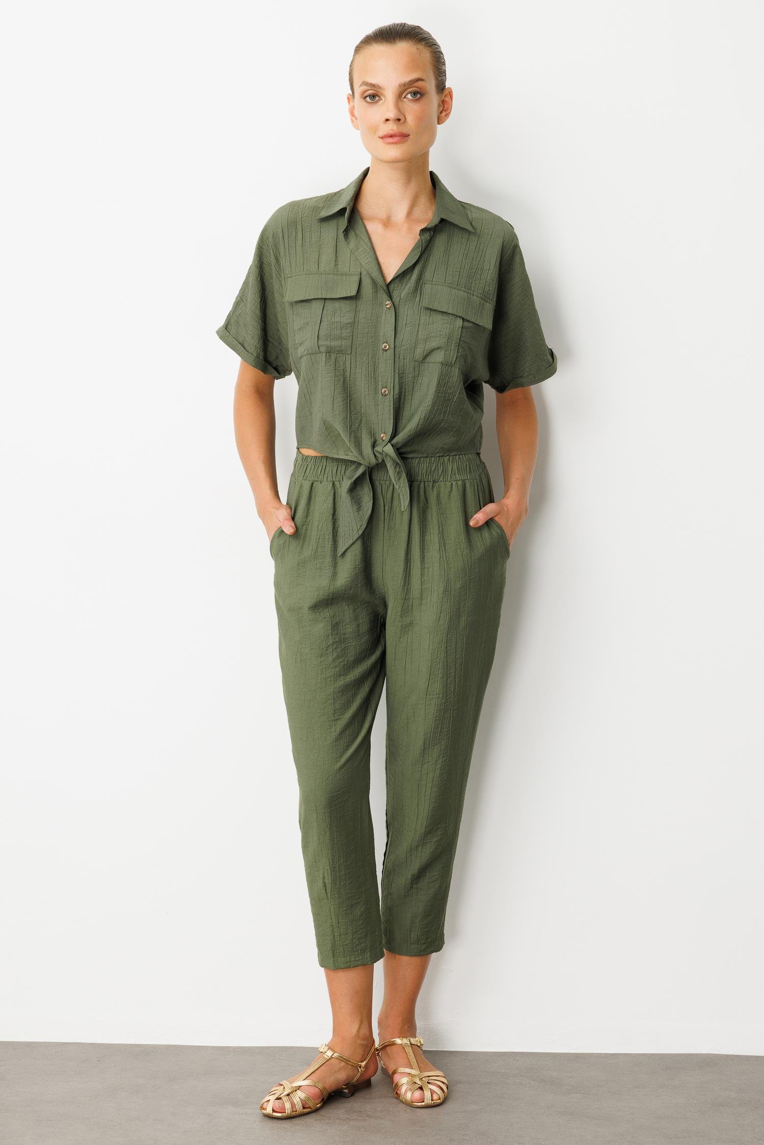 Cep Detay Beli Lastikli Pantolon-HAKİ