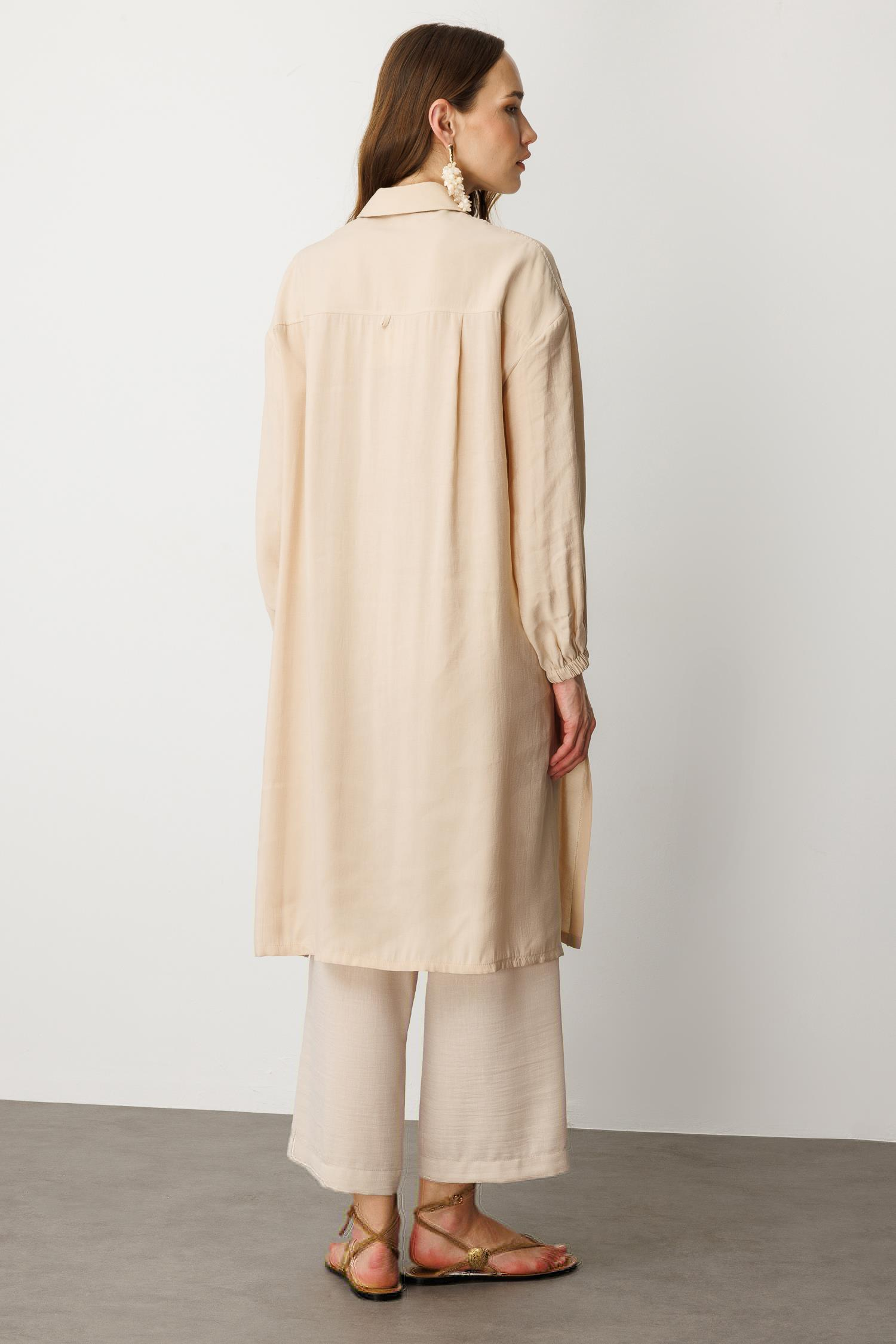 Cep Detay Yırtmaçlı Tunik Gömlek-TAŞ