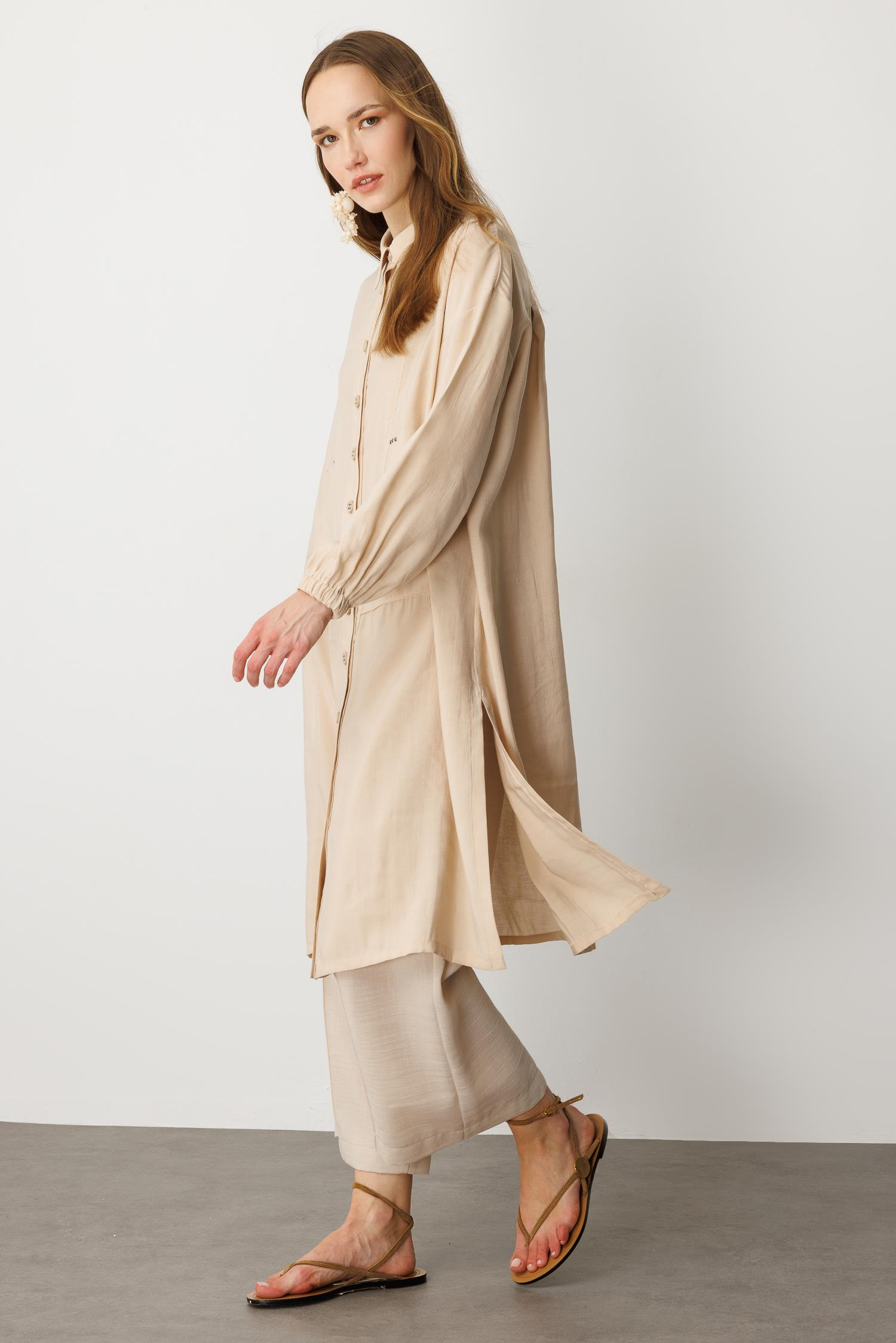 Cep Detay Yırtmaçlı Tunik Gömlek-TAŞ