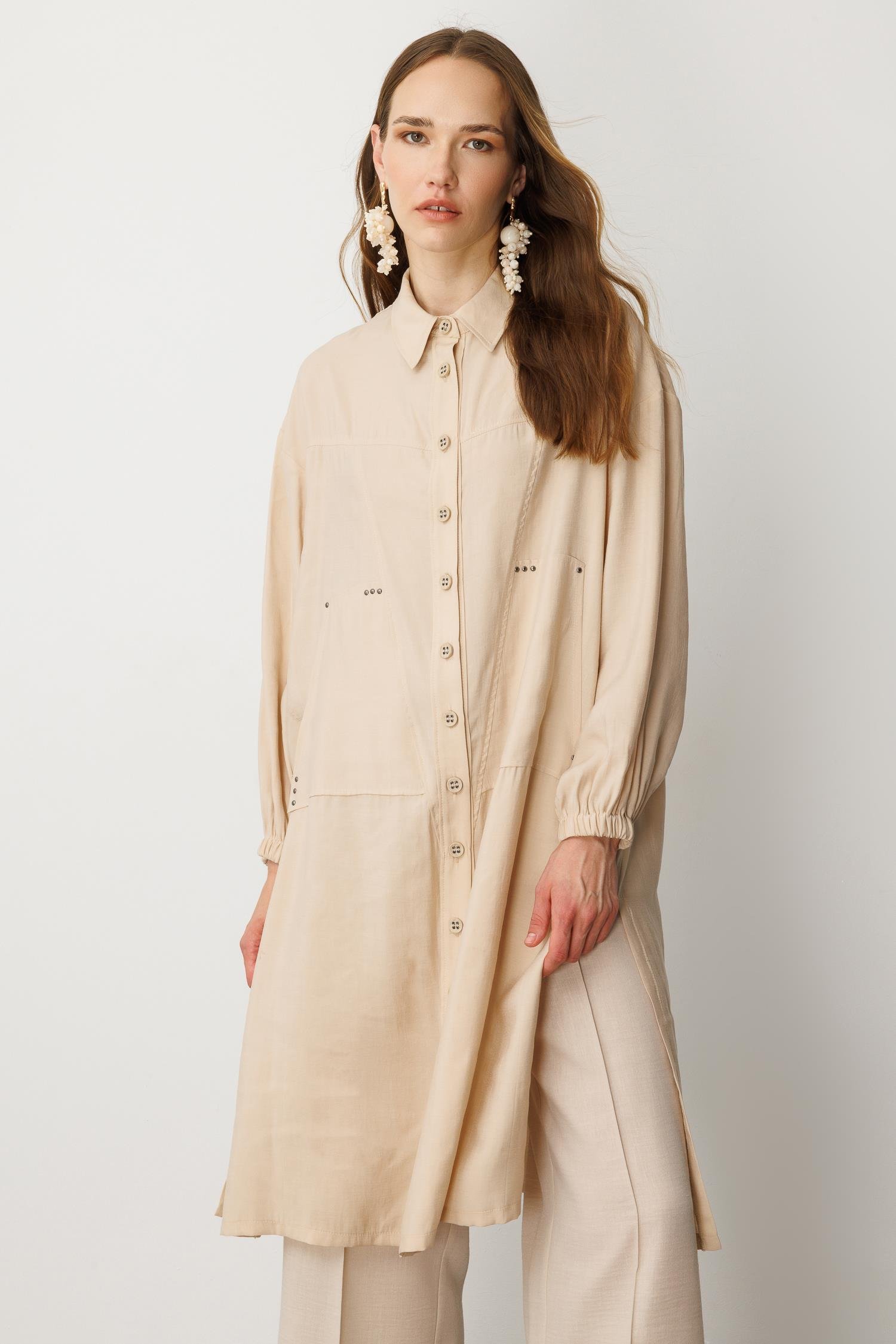 Cep Detay Yırtmaçlı Tunik Gömlek-TAŞ