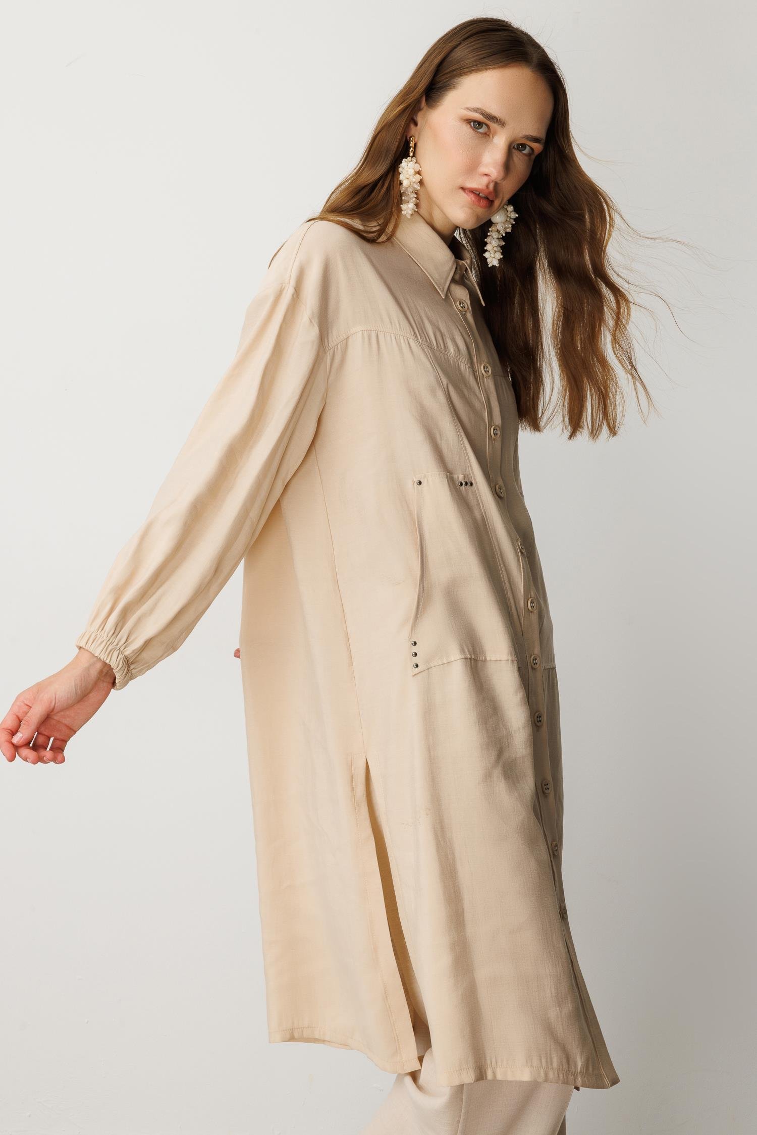 Cep Detay Yırtmaçlı Tunik Gömlek-TAŞ