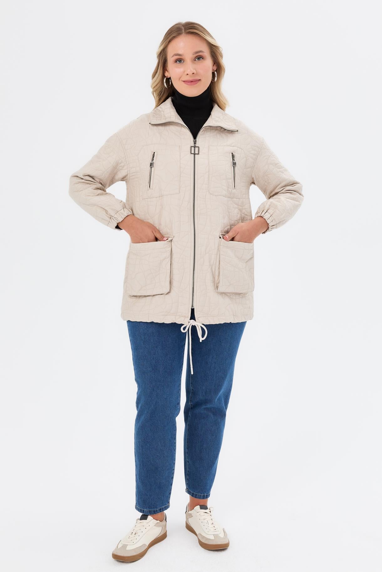 Cep Detaylı Büyük Beden Kapitone Ceket - TAŞ