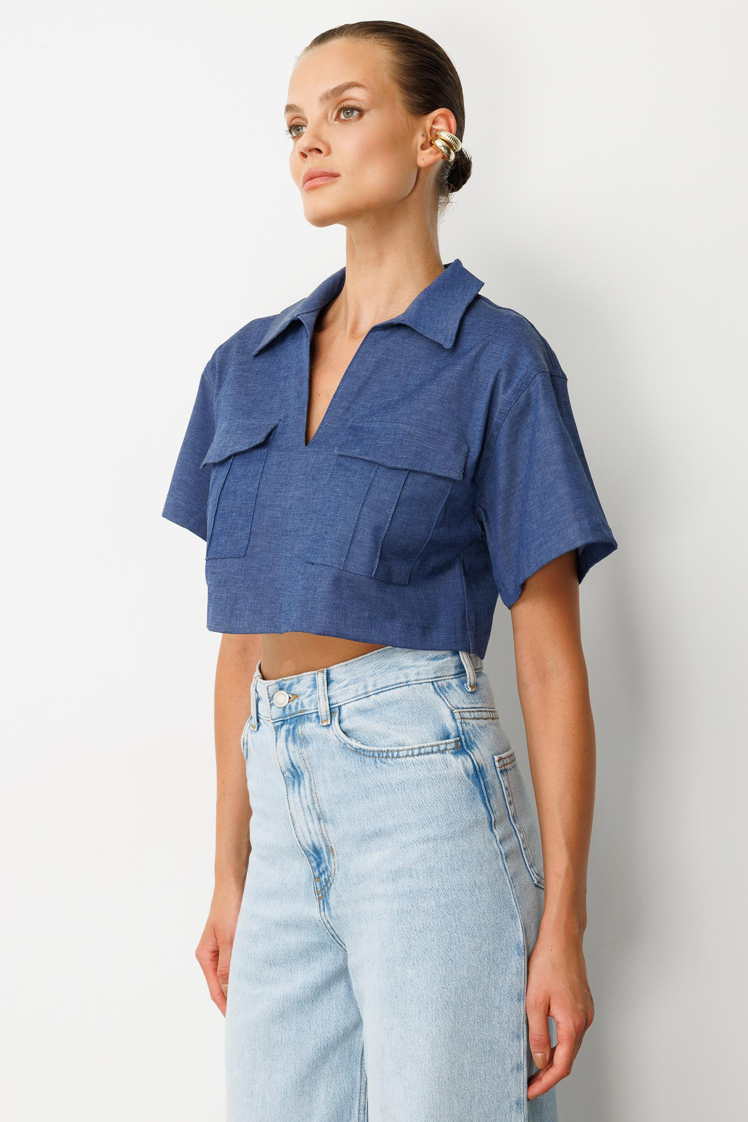 Cep Detaylı Crop Gömlek-İNDİGO