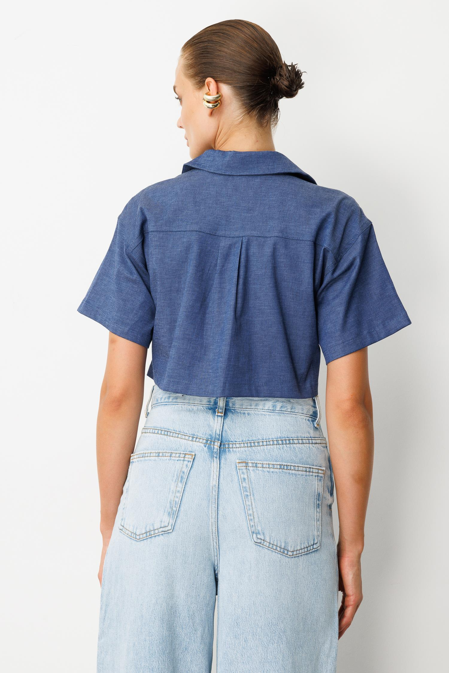 Cep Detaylı Crop Gömlek-İNDİGO