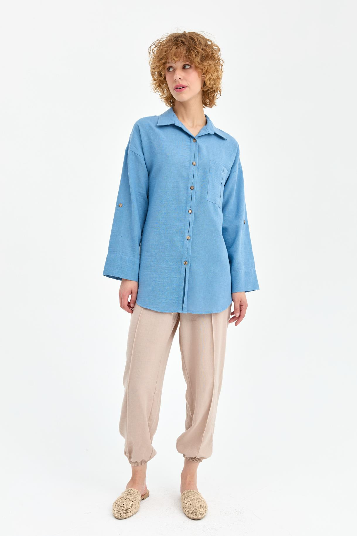 Cep Detaylı Keten Gömlek - A.MAVI