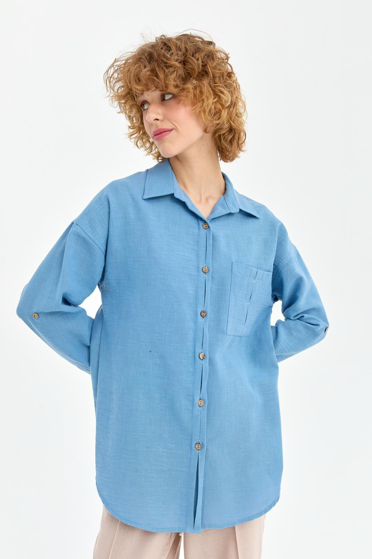 Cep Detaylı Keten Gömlek - A.MAVI