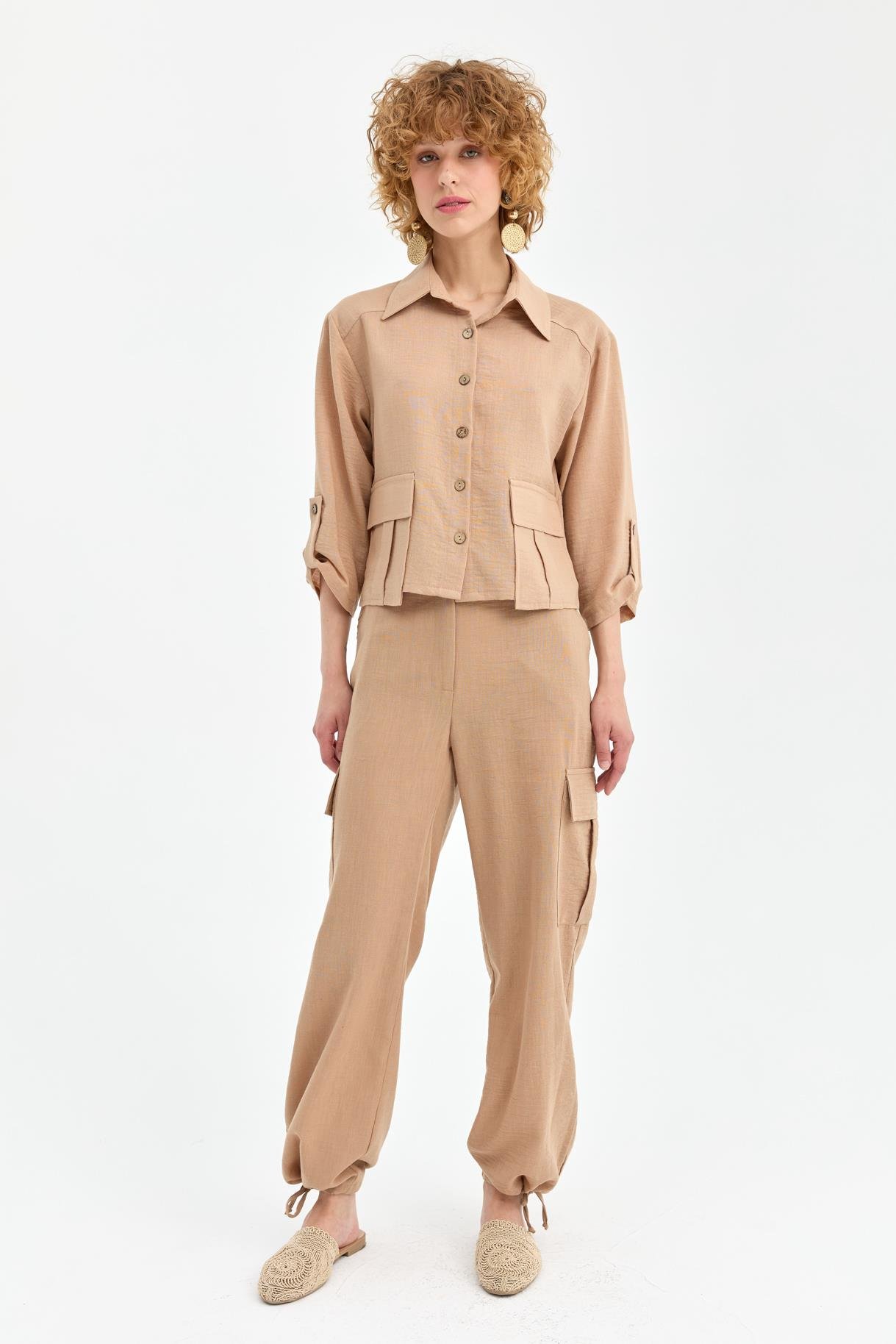 Cep Detaylı Keten Gömlek - CAMEL