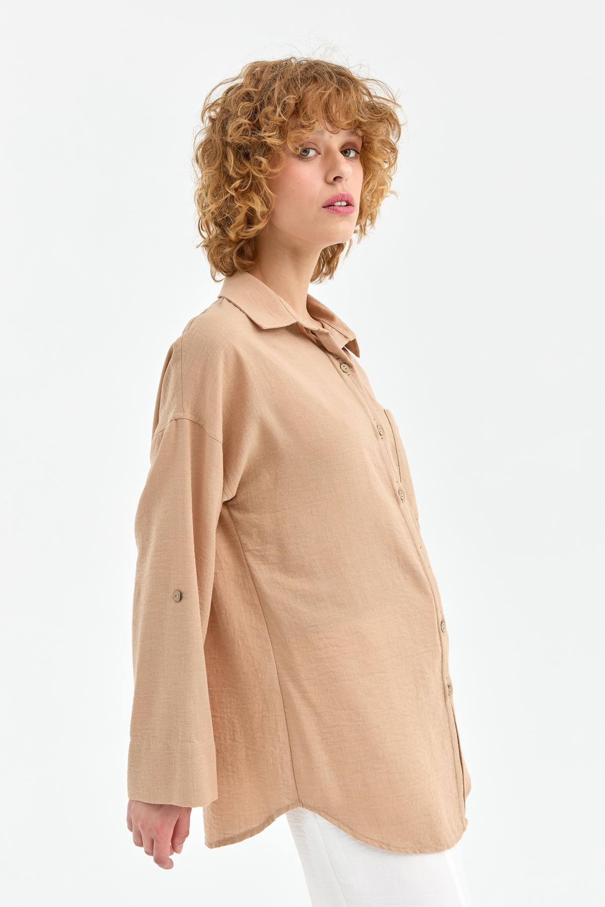 Cep Detaylı Keten Gömlek - CAMEL