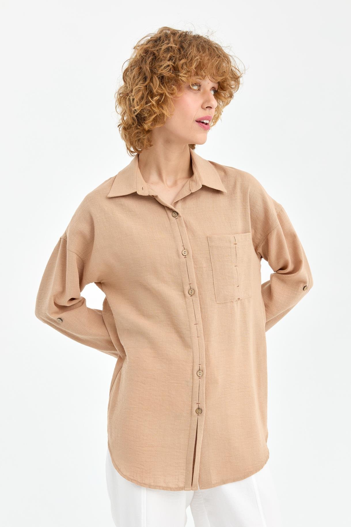 Cep Detaylı Keten Gömlek - CAMEL