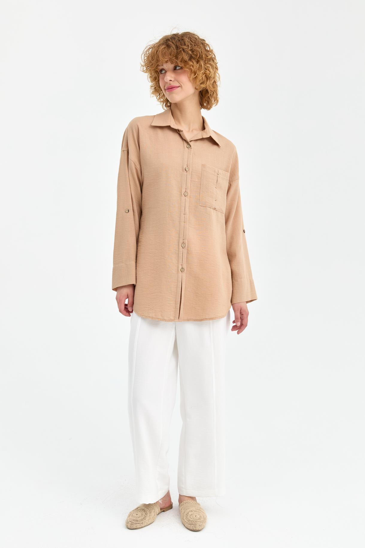 Cep Detaylı Keten Gömlek - CAMEL