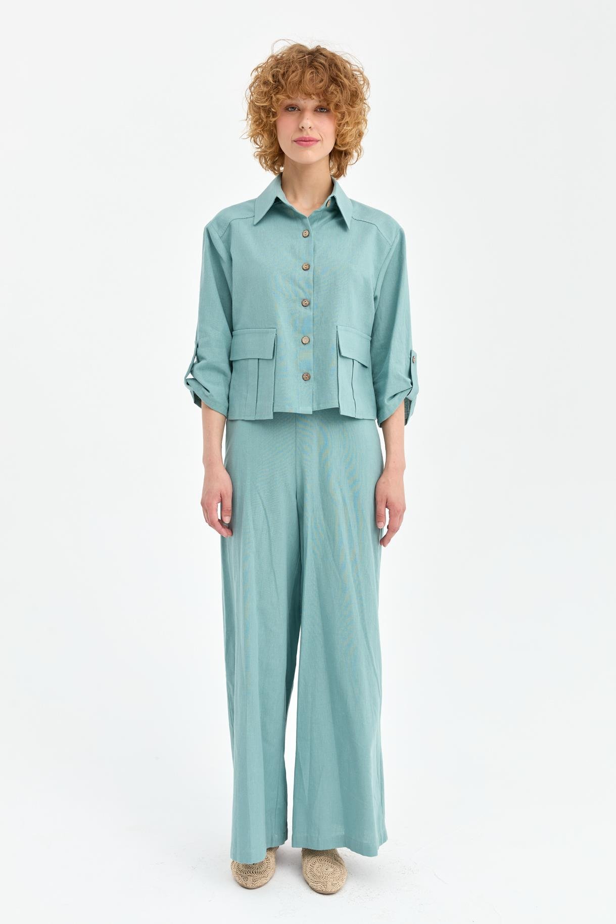 Cep Detaylı Keten Gömlek - MINT