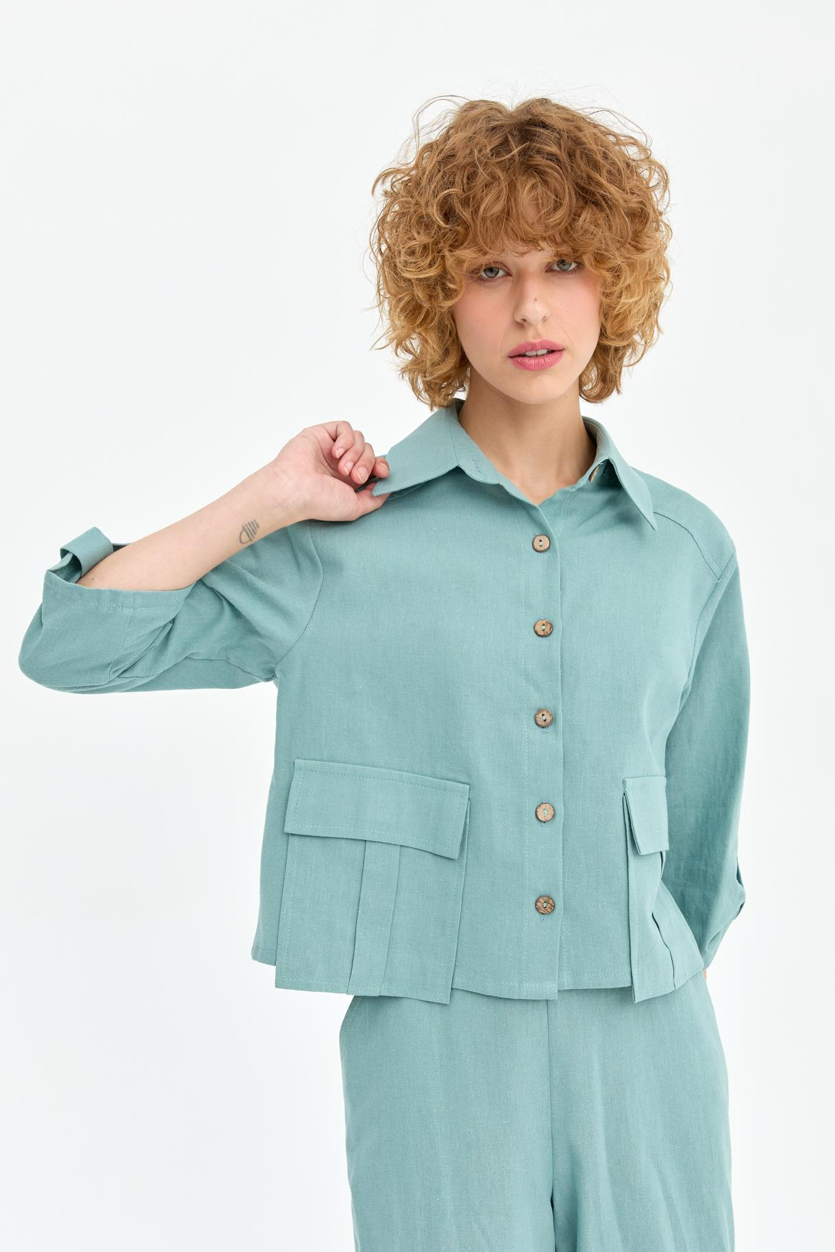 Cep Detaylı Keten Gömlek - MINT