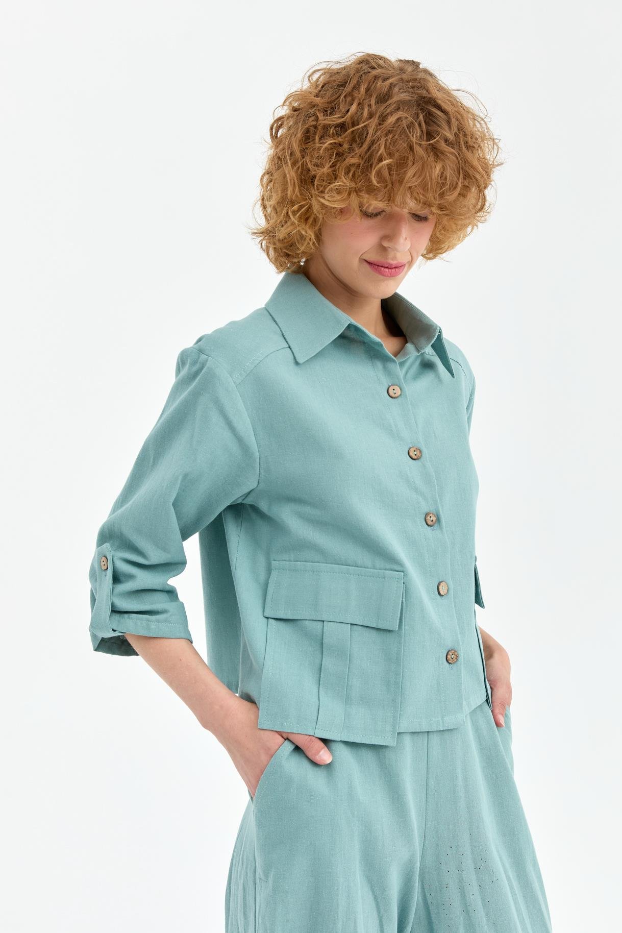 Cep Detaylı Keten Gömlek - MINT