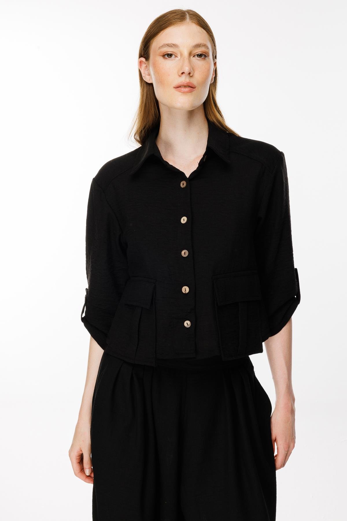 Cep Detaylı Keten Gömlek - SİYAH