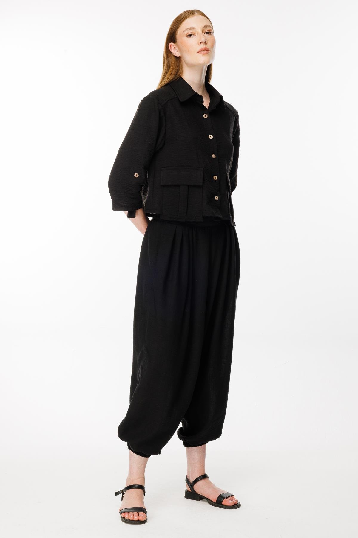 Cep Detaylı Keten Gömlek - SİYAH