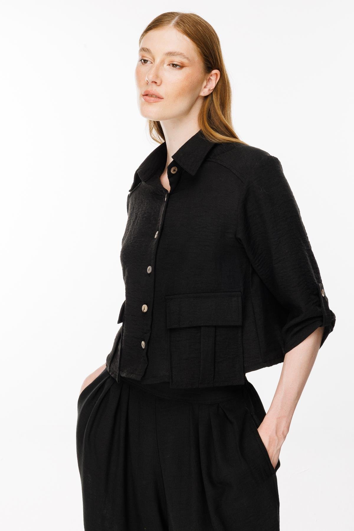 Cep Detaylı Keten Gömlek - SİYAH