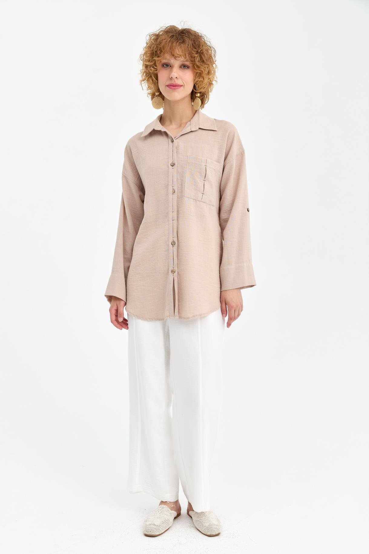 Cep Detaylı Keten Gömlek - TAŞ