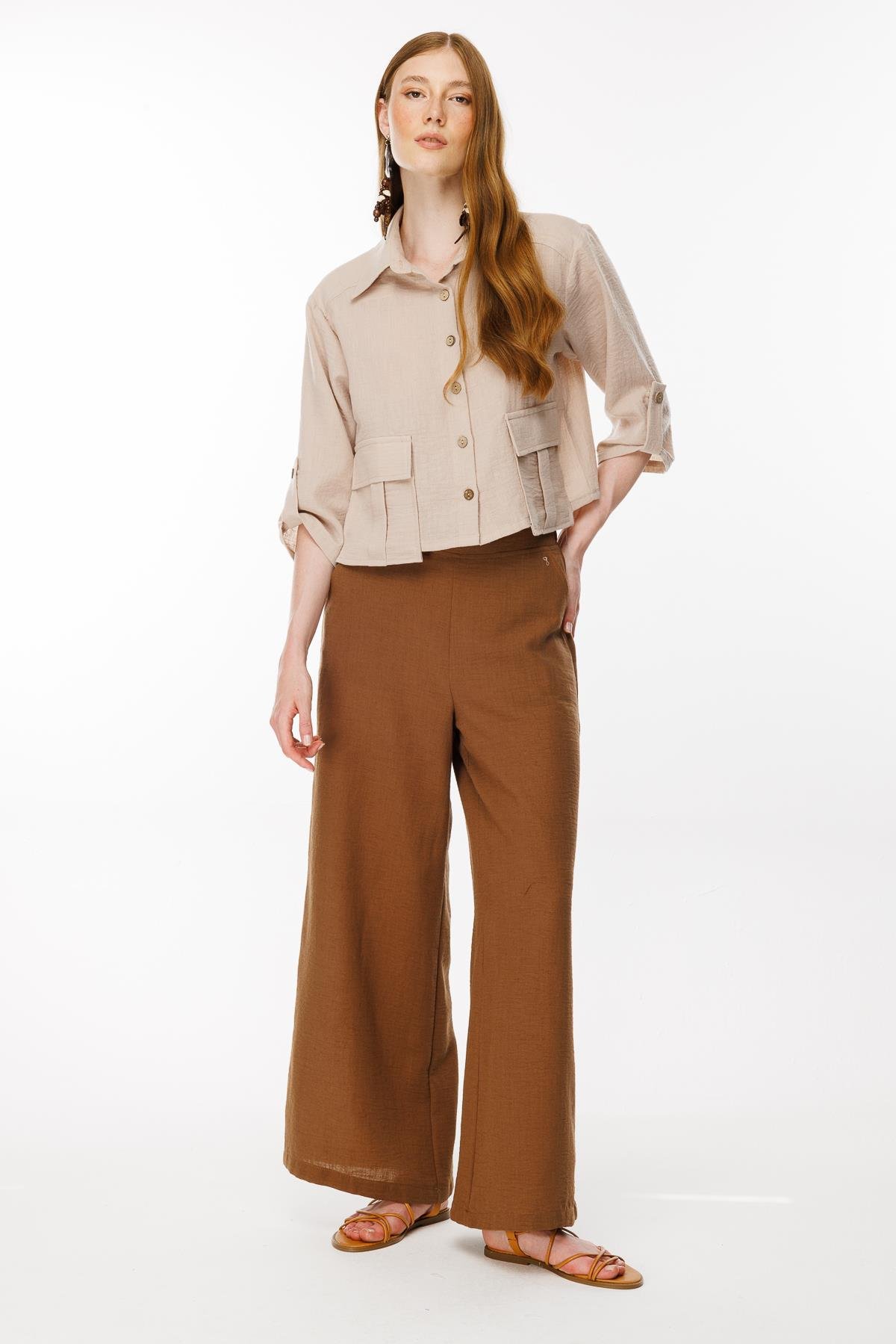 Cep Detaylı Keten Gömlek - TAŞ