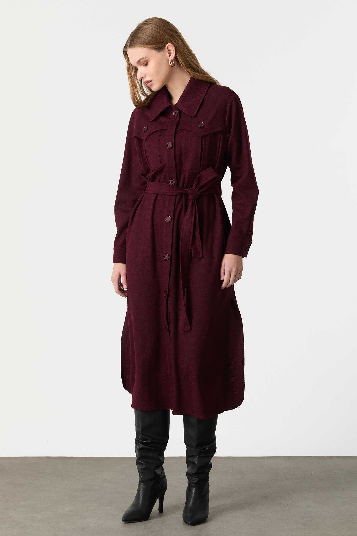 Cep Detaylı Kuşaklı Keçe Kaban-MÜRDÜM