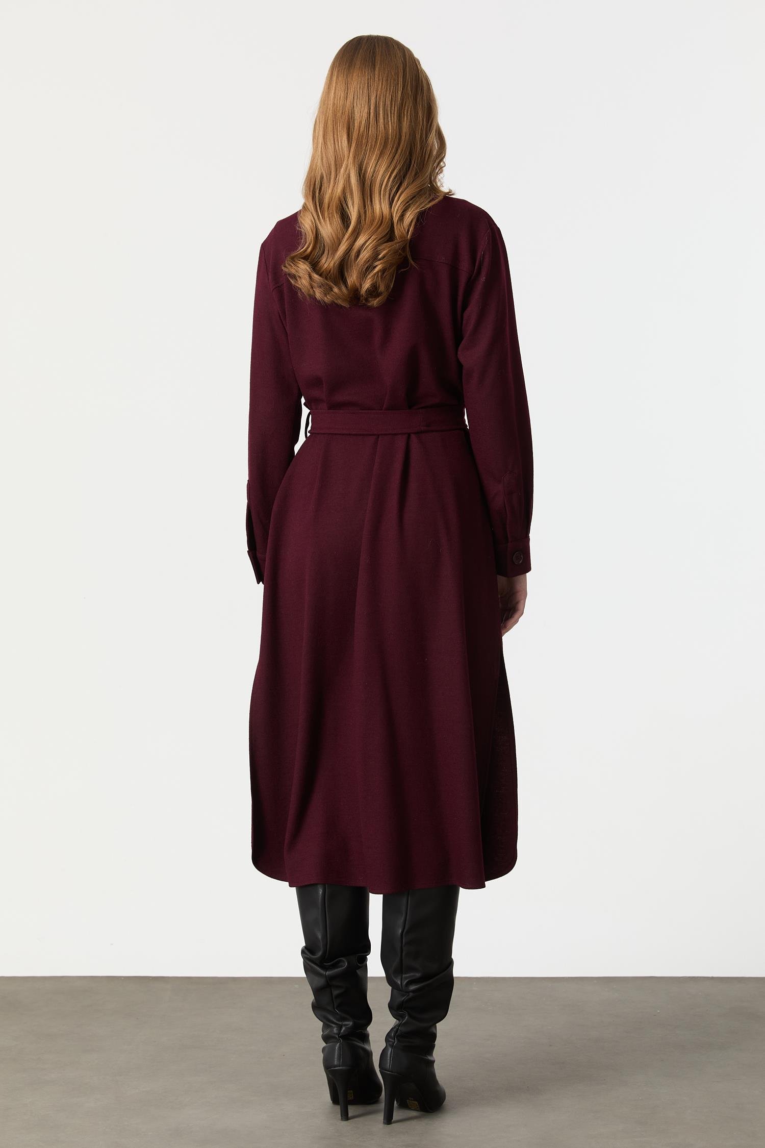 Cep Detaylı Kuşaklı Keçe Kaban-MÜRDÜM