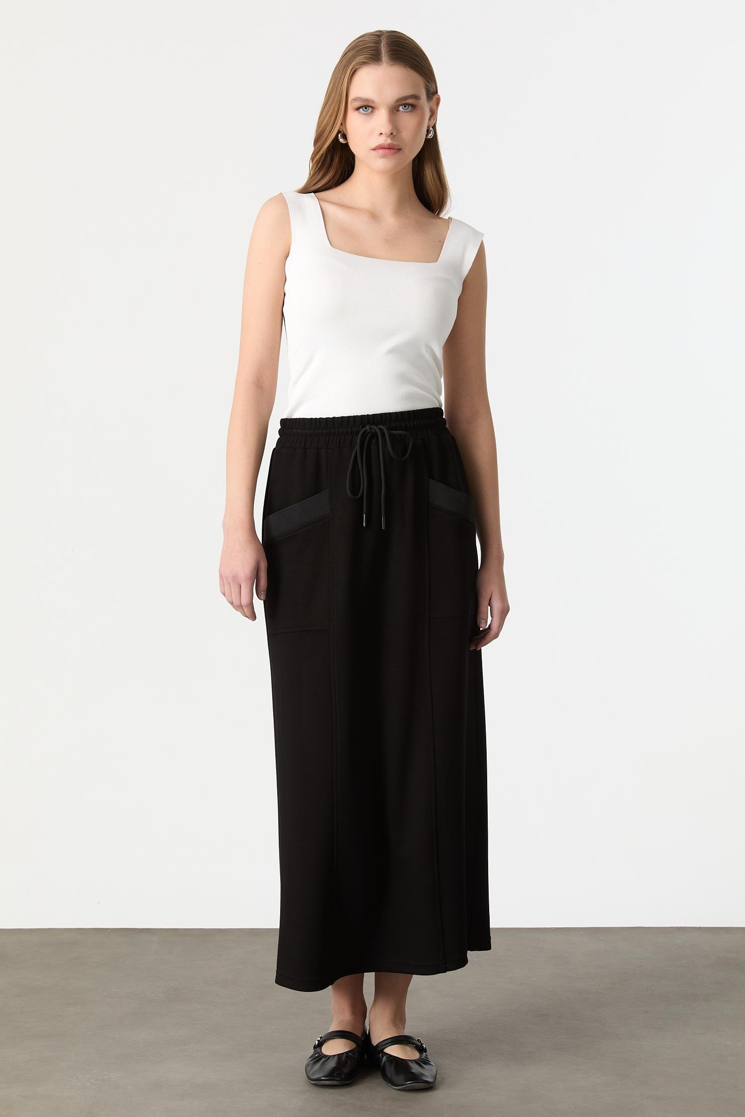 Cep Detaylı Modal Etek-SİYAH