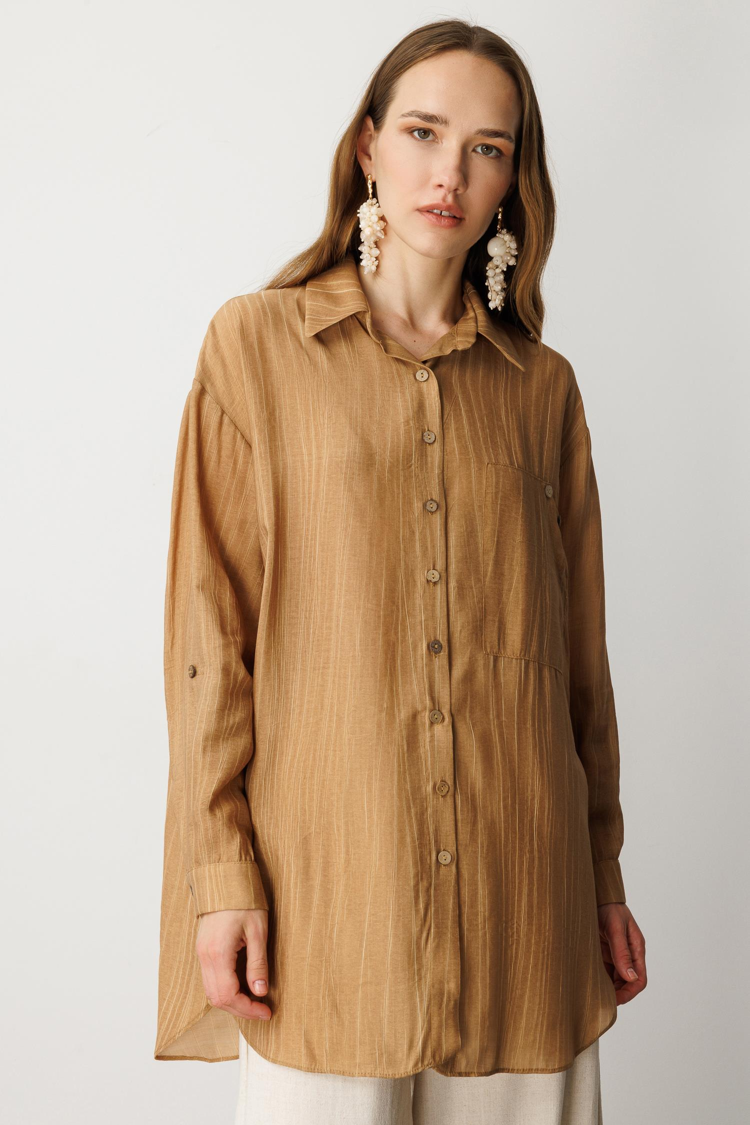 Cep Detaylı Oversize Gömlek Tunik-CAMEL