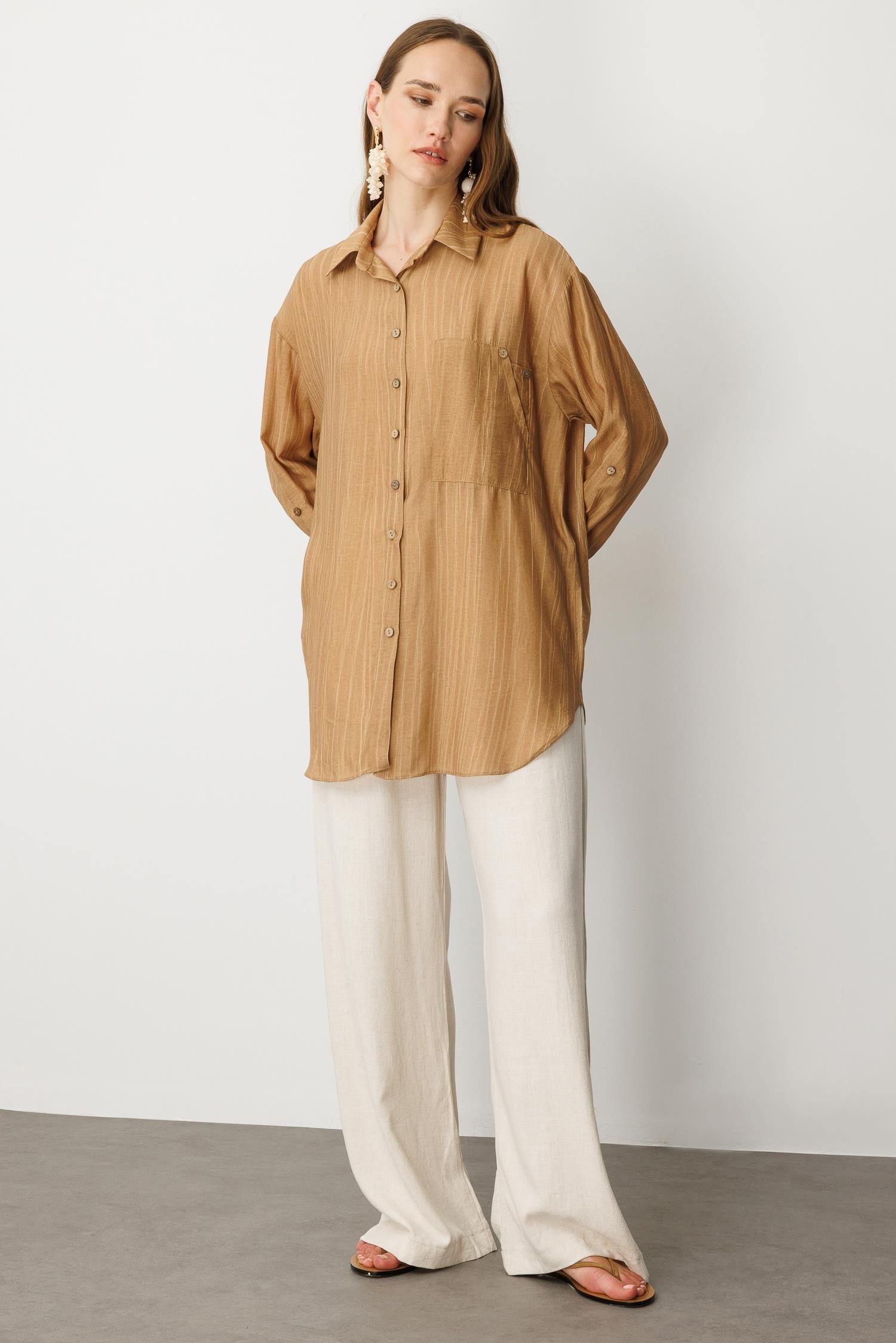 Cep Detaylı Oversize Gömlek Tunik-CAMEL