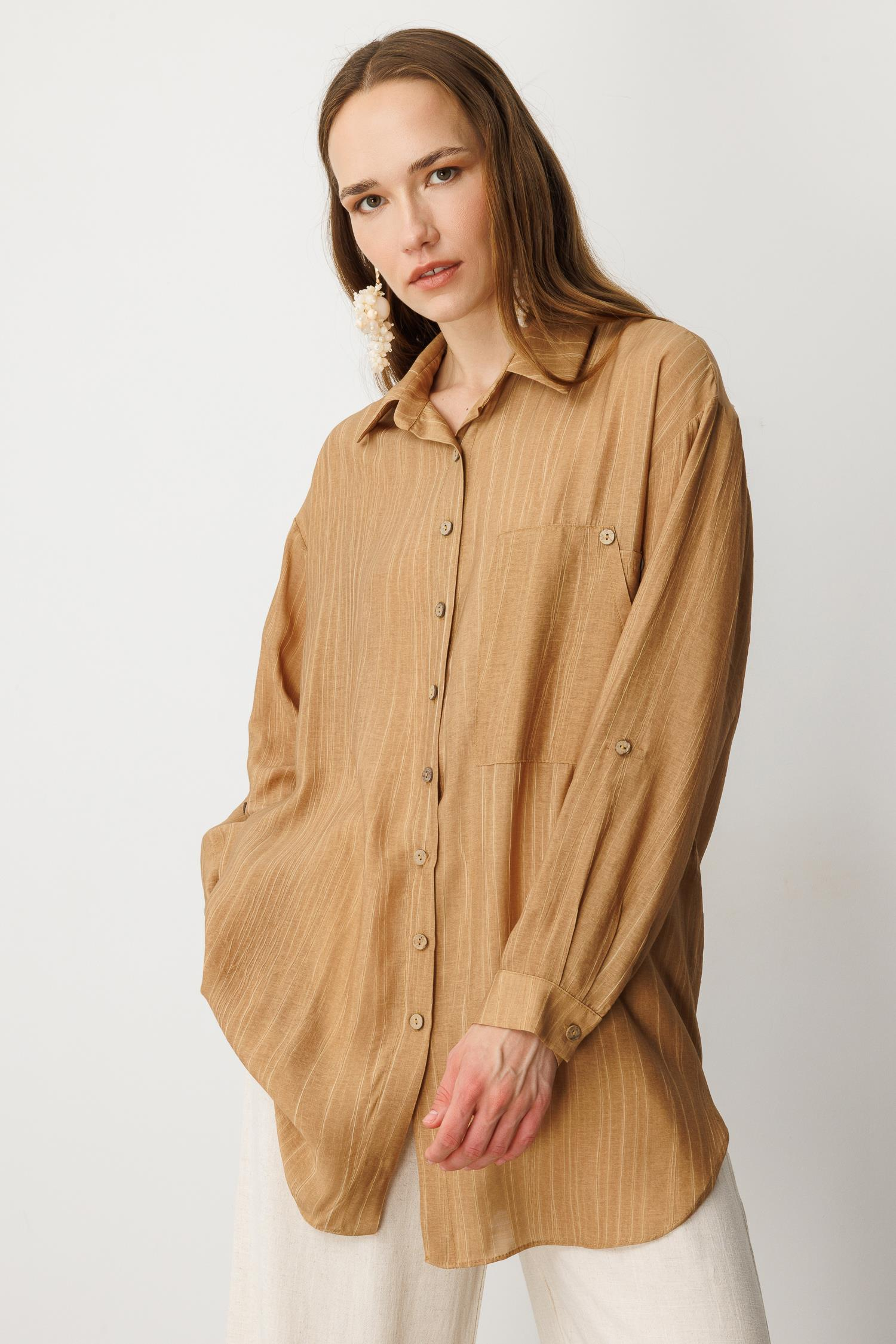 Cep Detaylı Oversize Gömlek Tunik-CAMEL