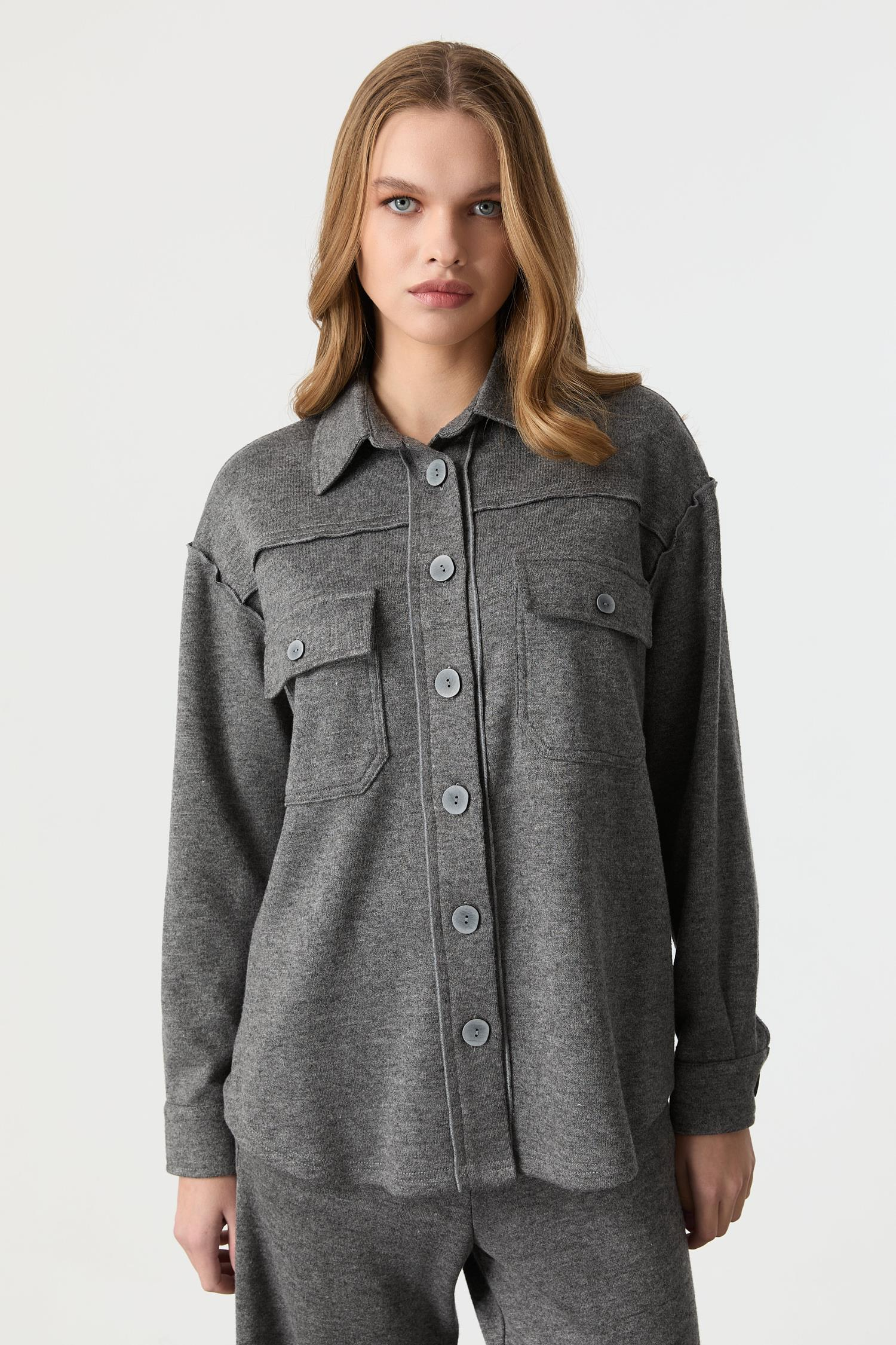 Cep Detaylı Triko Takım-GRİ