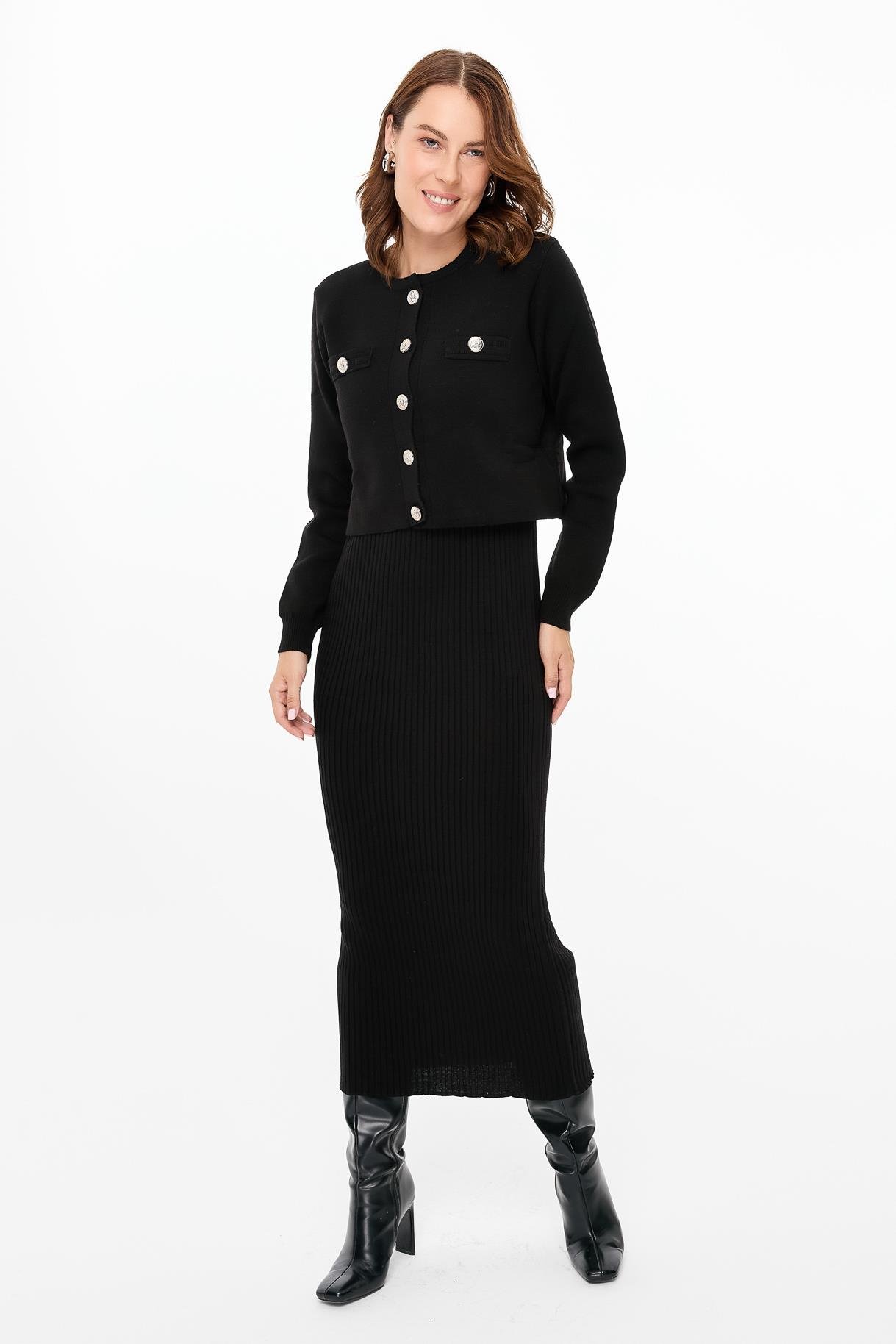 Cepli Ceket ve Triko Elbiseli Takım - SİYAH