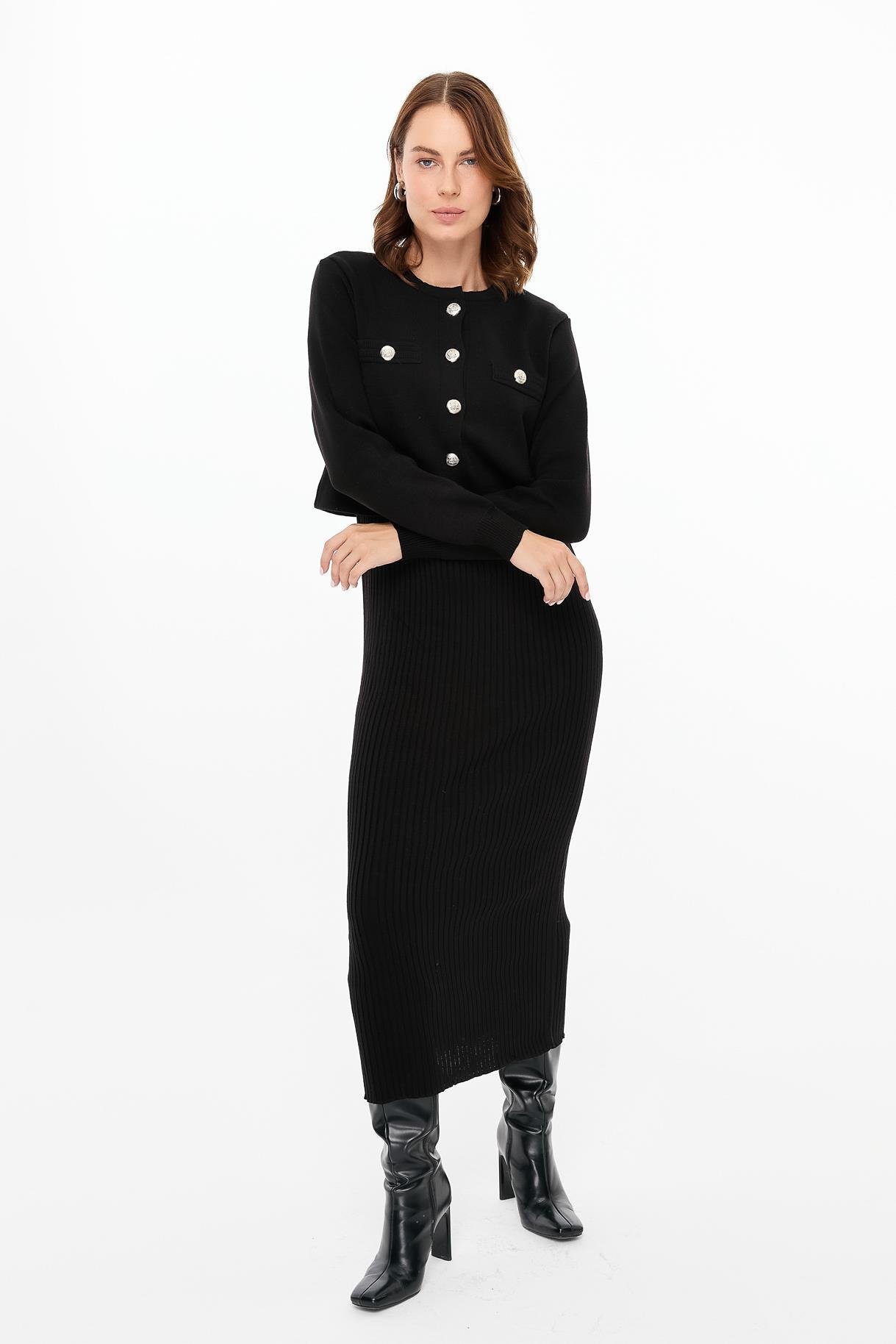 Cepli Ceket ve Triko Elbiseli Takım - SİYAH