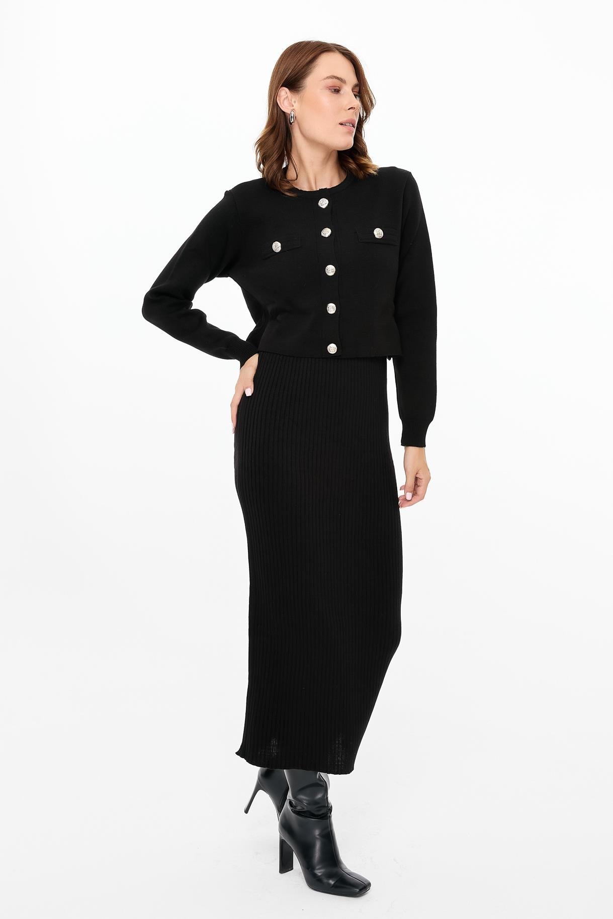 Cepli Ceket ve Triko Elbiseli Takım - SİYAH