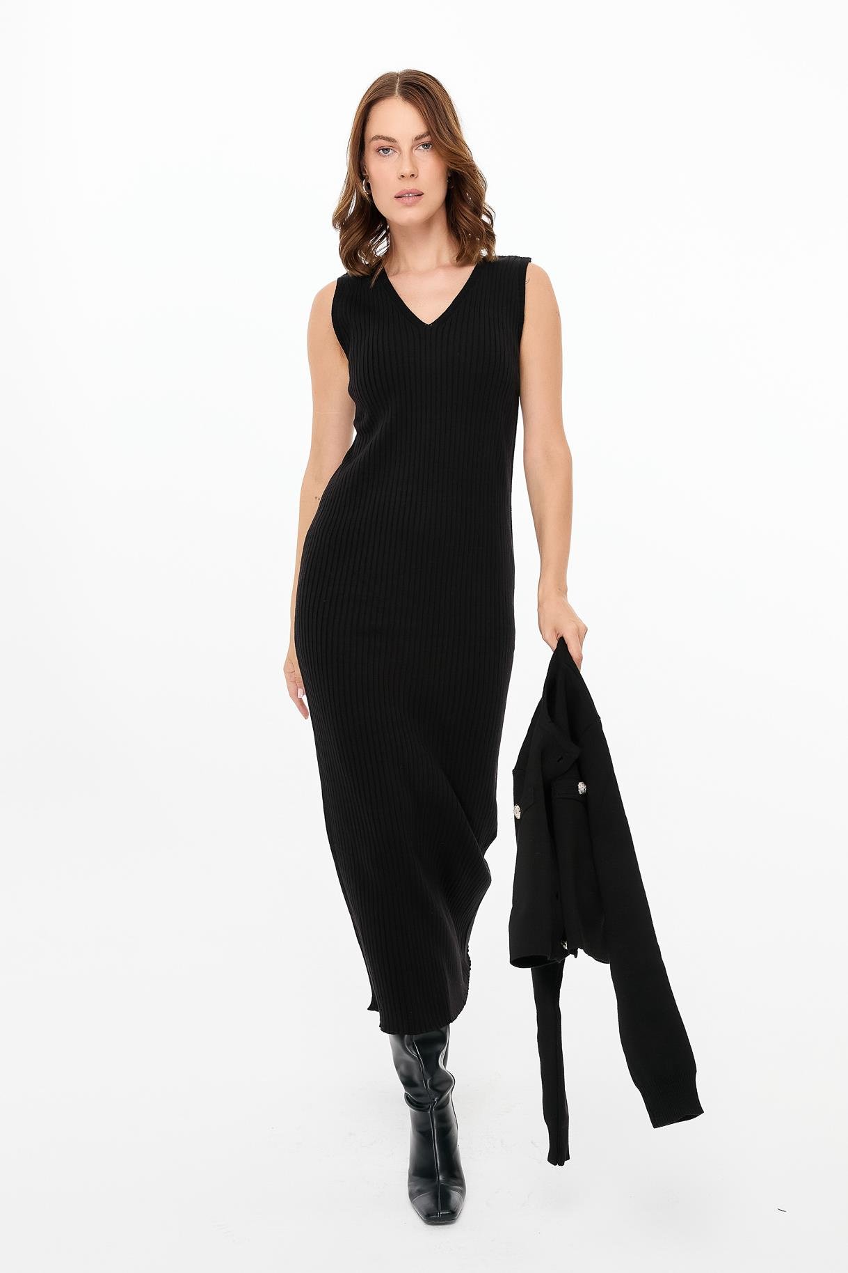 Cepli Ceket ve Triko Elbiseli Takım - SİYAH