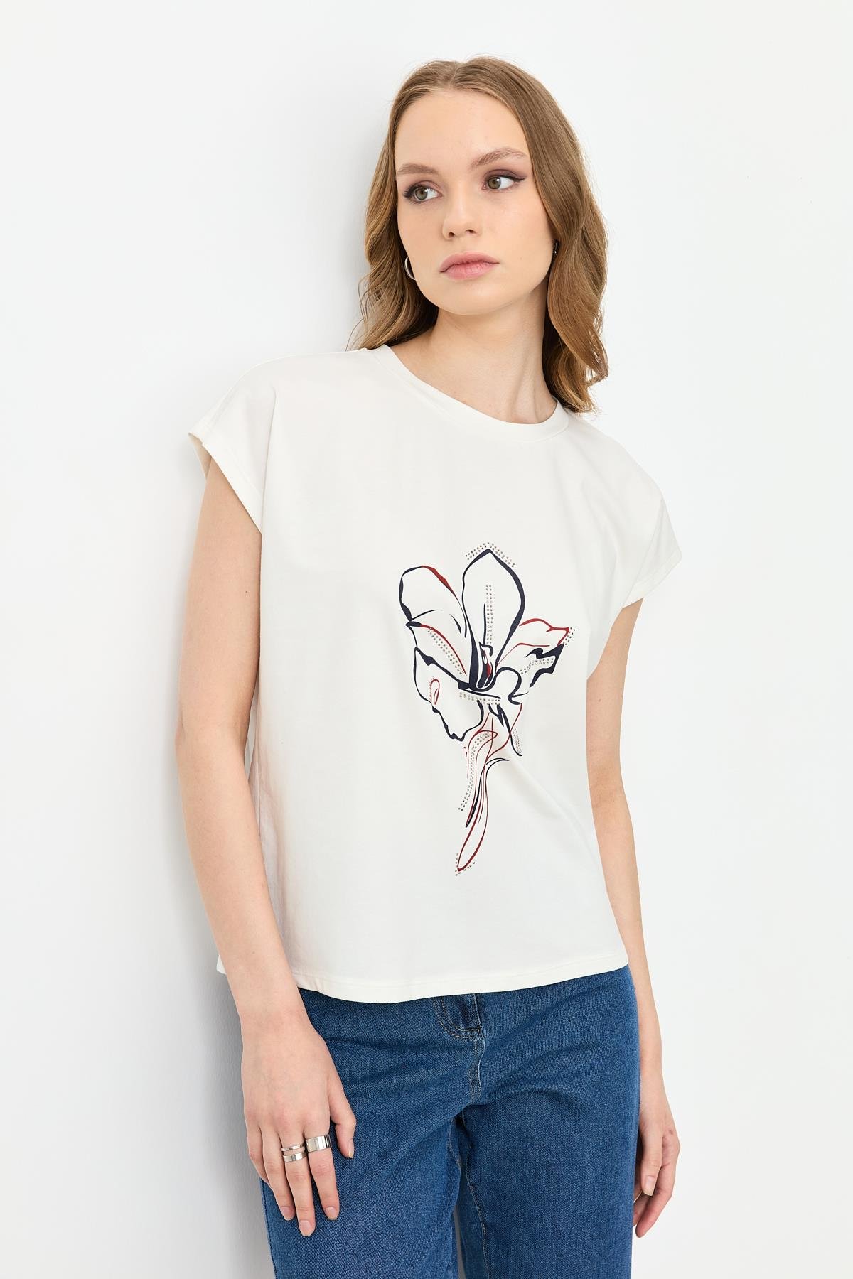 Çiçek Baskı Pamuklu Bluz-KIRMIZI