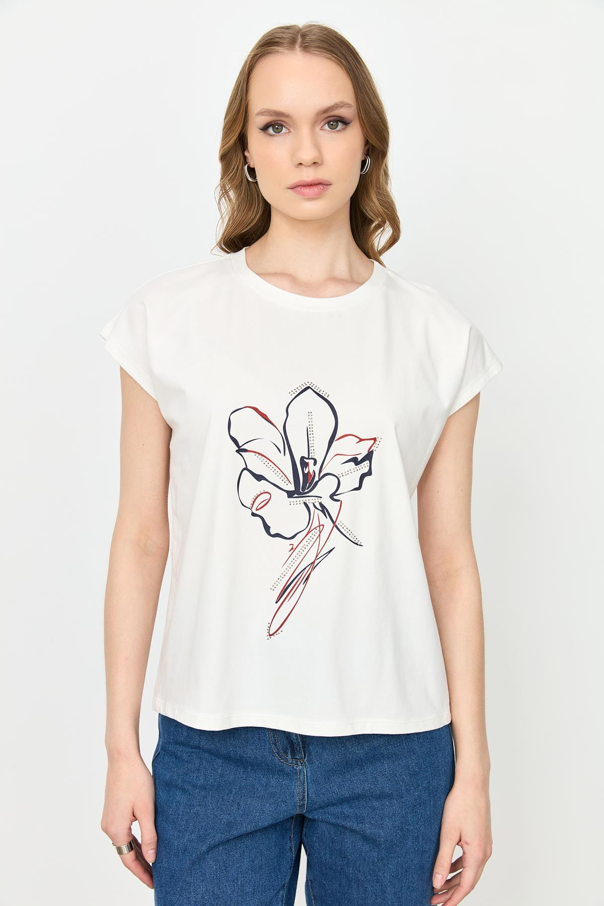 Çiçek Baskı Pamuklu Bluz-KIRMIZI